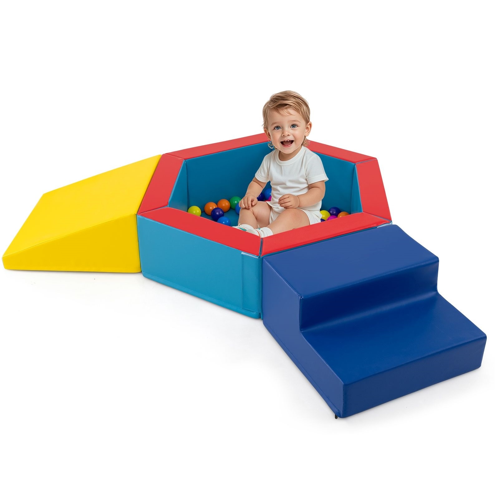 Slickblue - 3 Piece Toddler Climb and Crawl Play Set with Ball Pit and Balls for Home Playroom Cl...