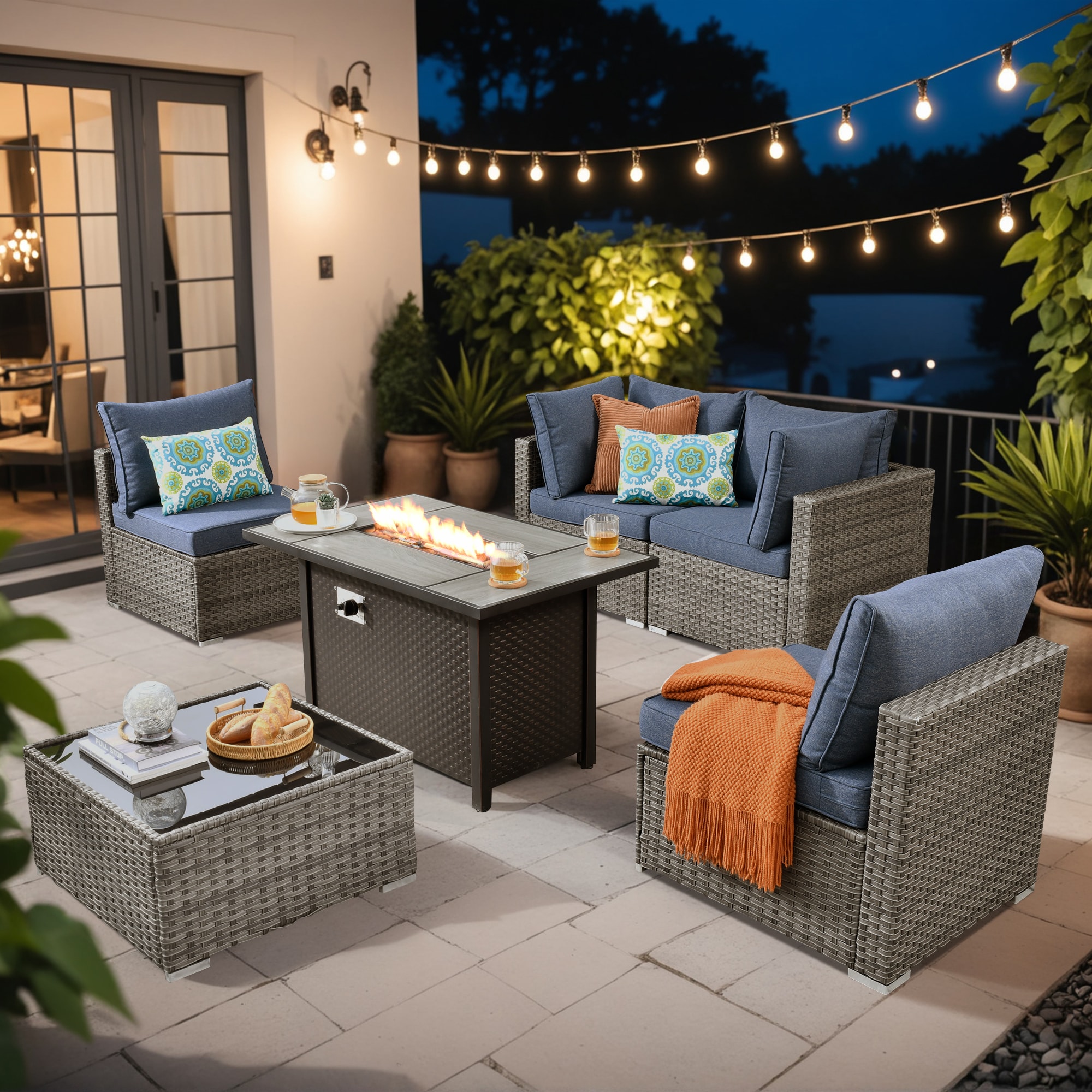 XIZZI XIHOPS3053-IFP Sunrise 6 -Piece Rattan Patio Conversation Set with Blue Cushions