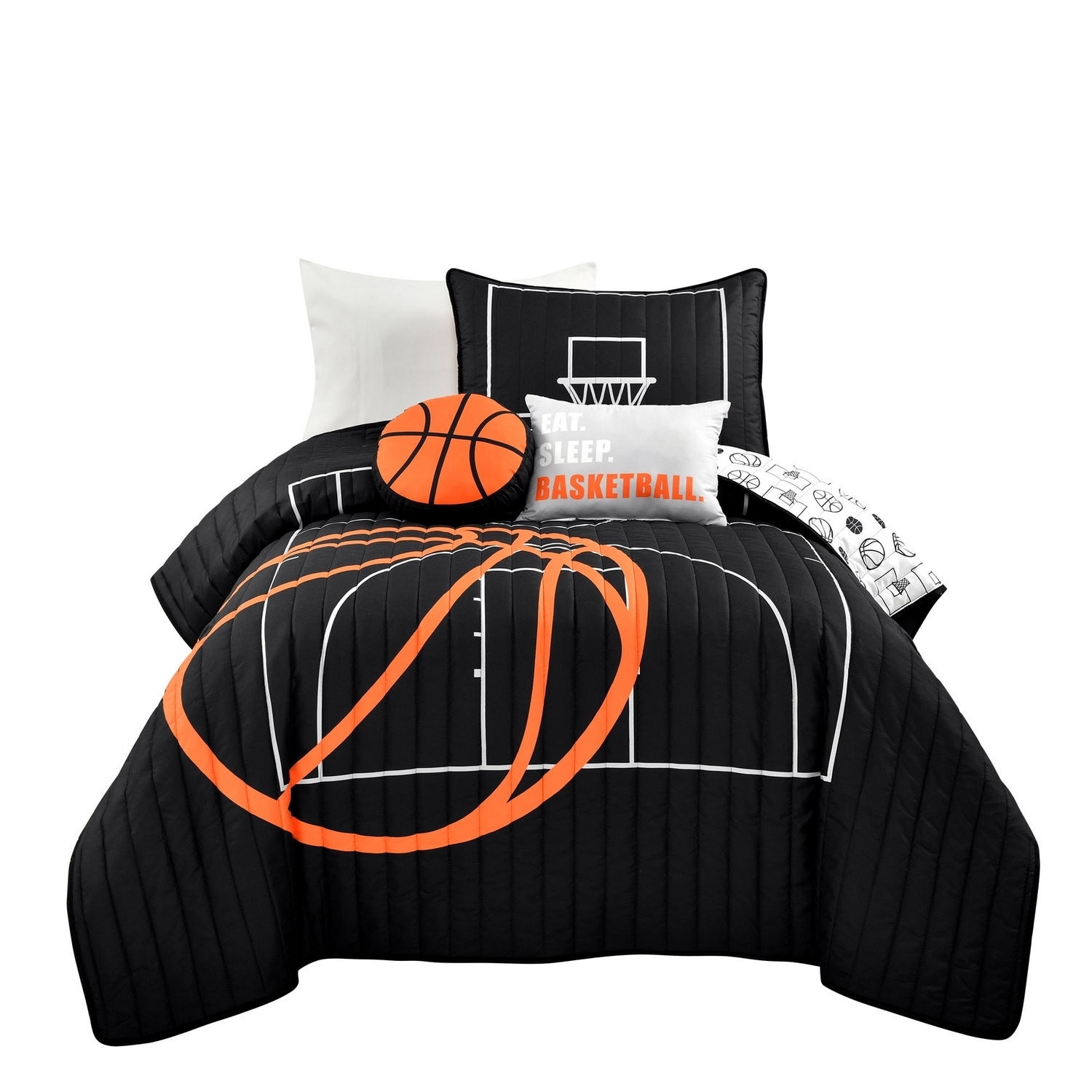 Twin Black and Orange Reversible Microfiber Basketball Quilt Set