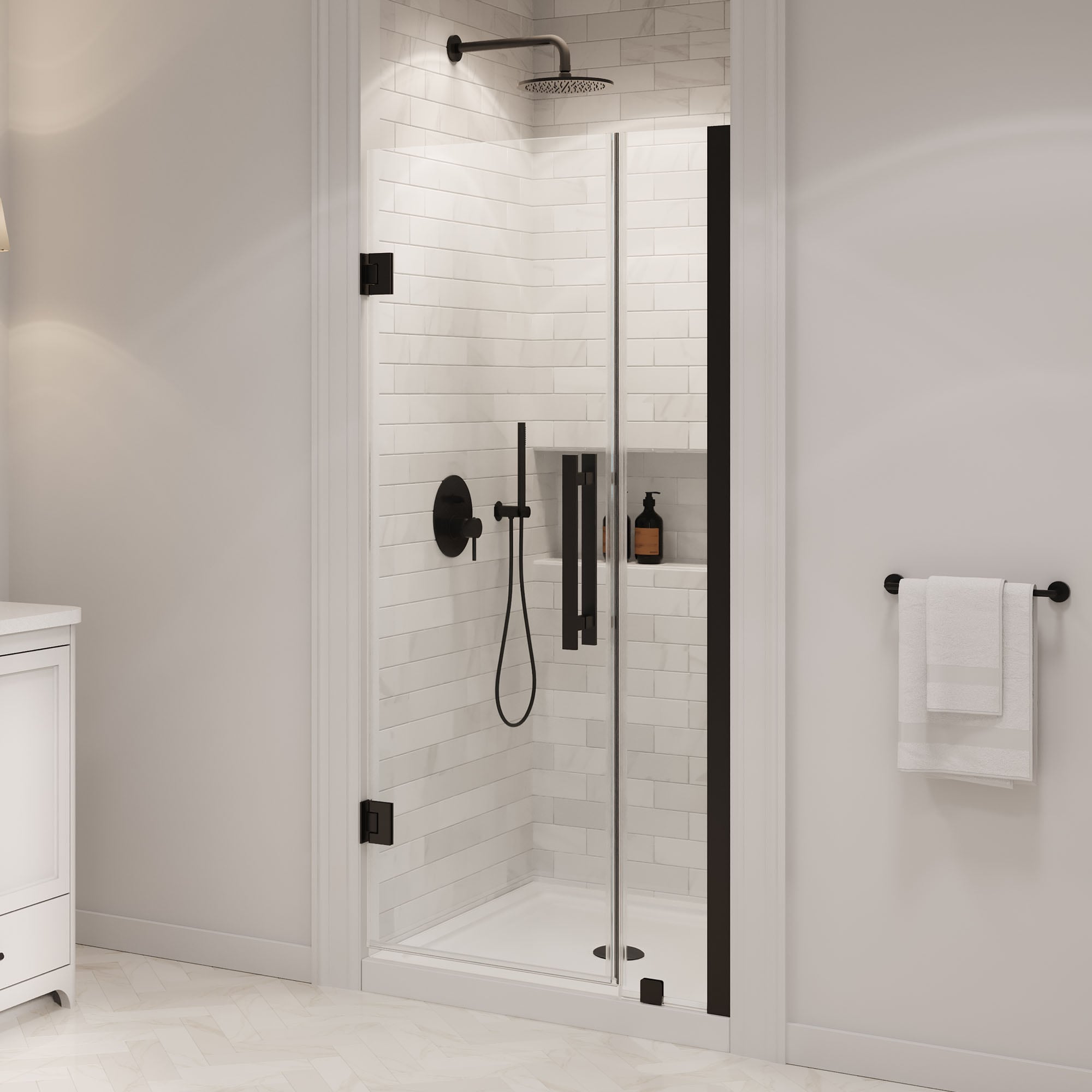 OVE Decors 15SKC-PANM36-BLK Panama 2 -Piece 36-in W x 36-in L x 75-in H Rectangular Alcove shower kit ( Center Drain) Base and Door Black Hardware Included