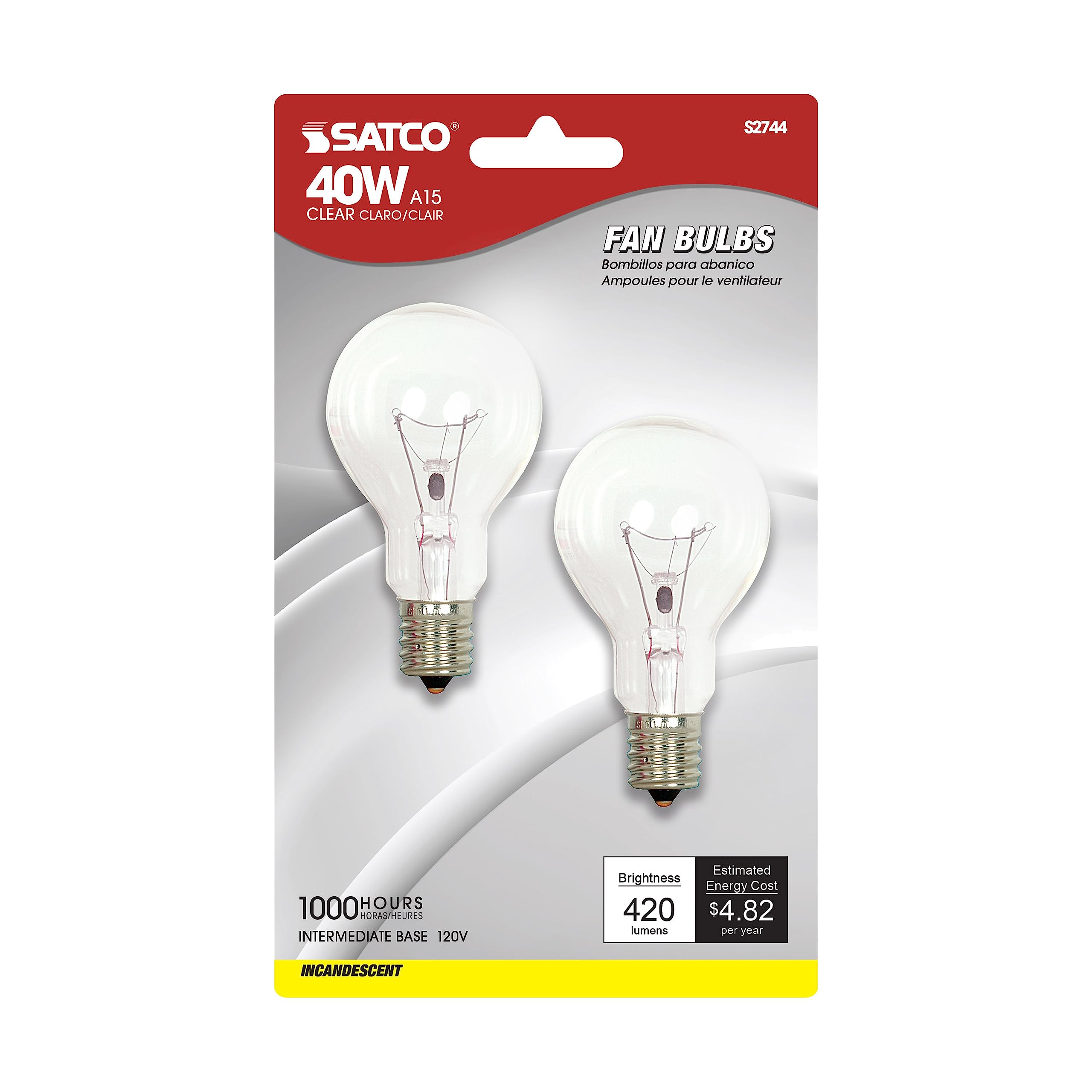 Satco  S2744 120V Intermediate Base 40-Watt A15 Light Bulb Clear White