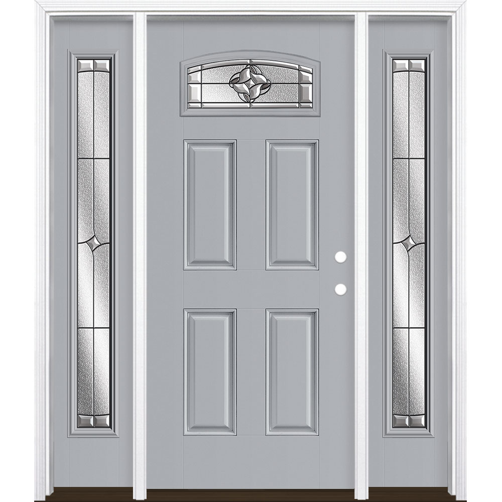 Masonite 3423239 Rozet 60-in x 80-in x 4-9/16-in Fiberglass 1/4 lite Left-hand inswing Infinity Gray Painted Prehung Single door with sidelights Front Door with Brickmould Insulating core Decorative glass