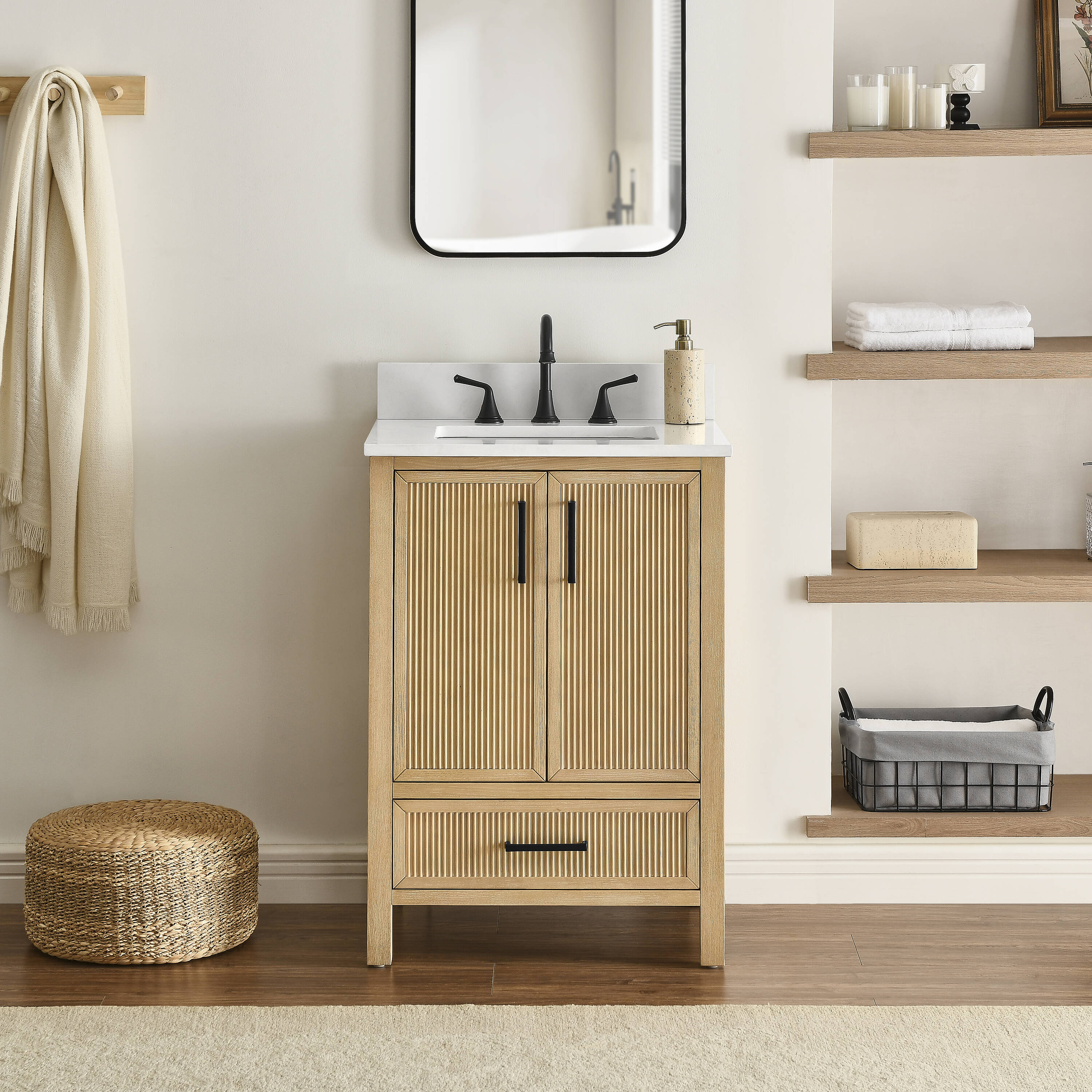 Runfine RF110435 24-in Baltic Birch Undermount Single Sink Bathroom Vanity with Carrara White Engineered Stone Top