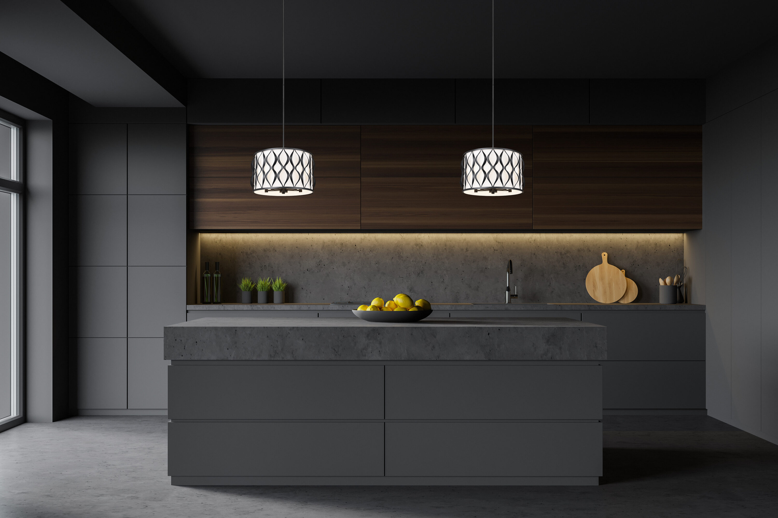 Harden Matte Black Steel Drum Pendant Light with White Fabric Shade