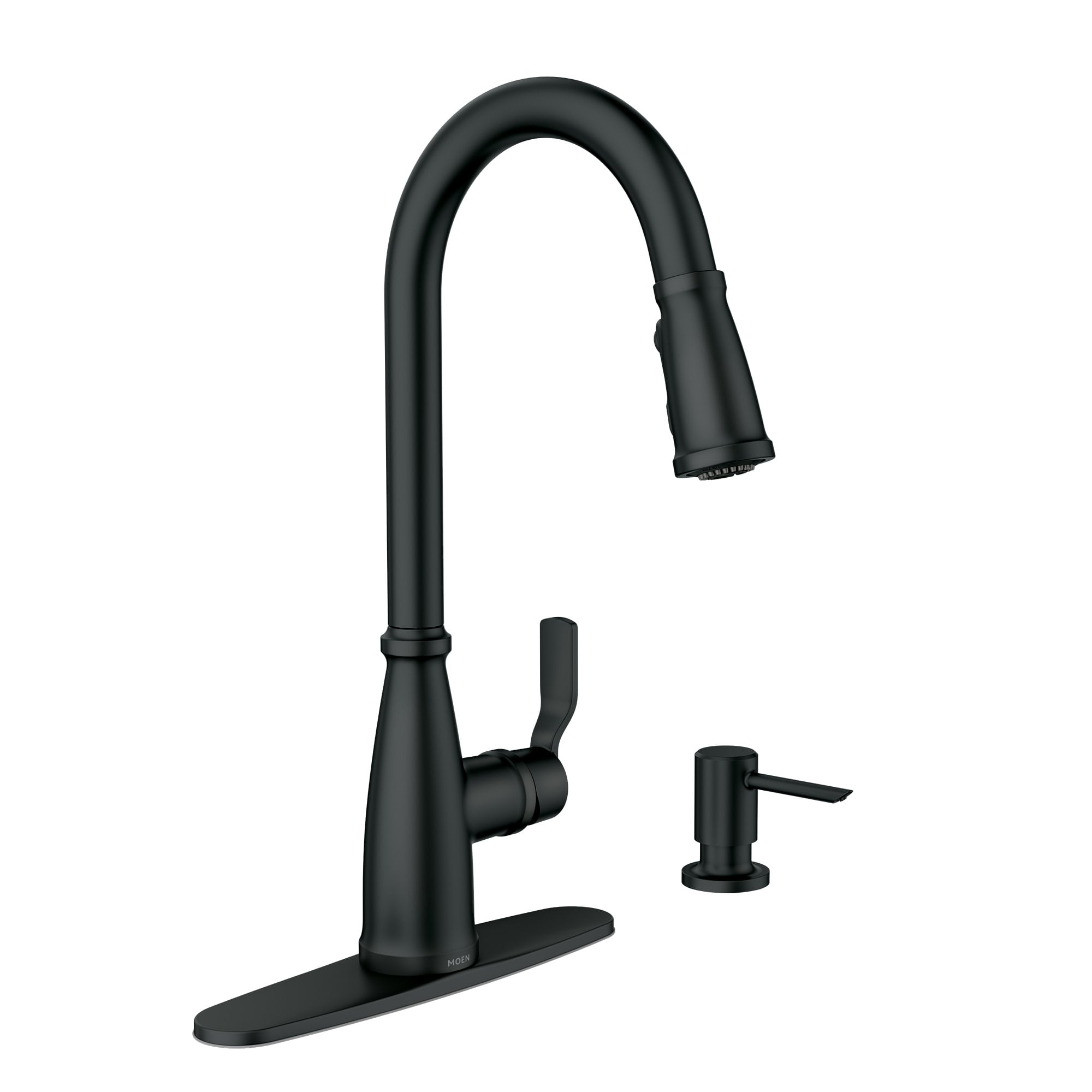 Moen 87071BL Nolia Matte Black Single Handle Deck-mount Pull-down Kitchen Faucet with Sprayer ( Deck Plate Included ) (Soap Dispenser Included)