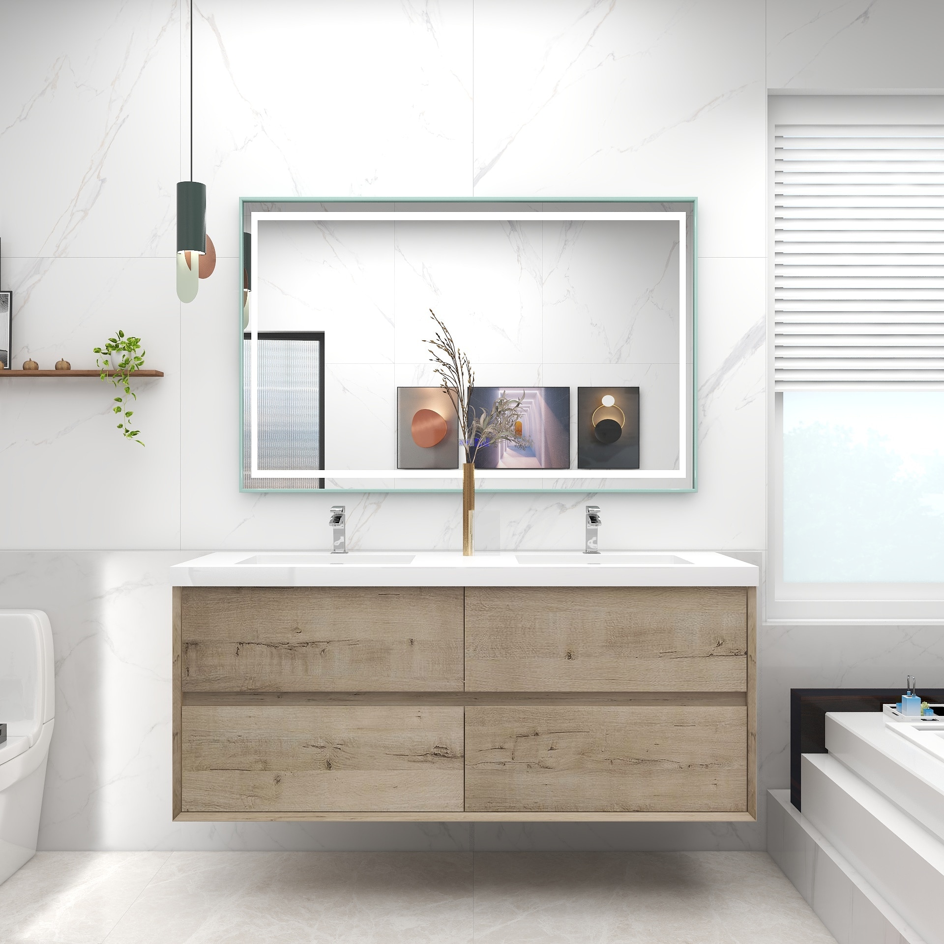 BV Better Vanity SLIM60D-WO Kingdee 60-in Light Oak Double Sink Floating Bathroom Vanity with White Acrylic Top