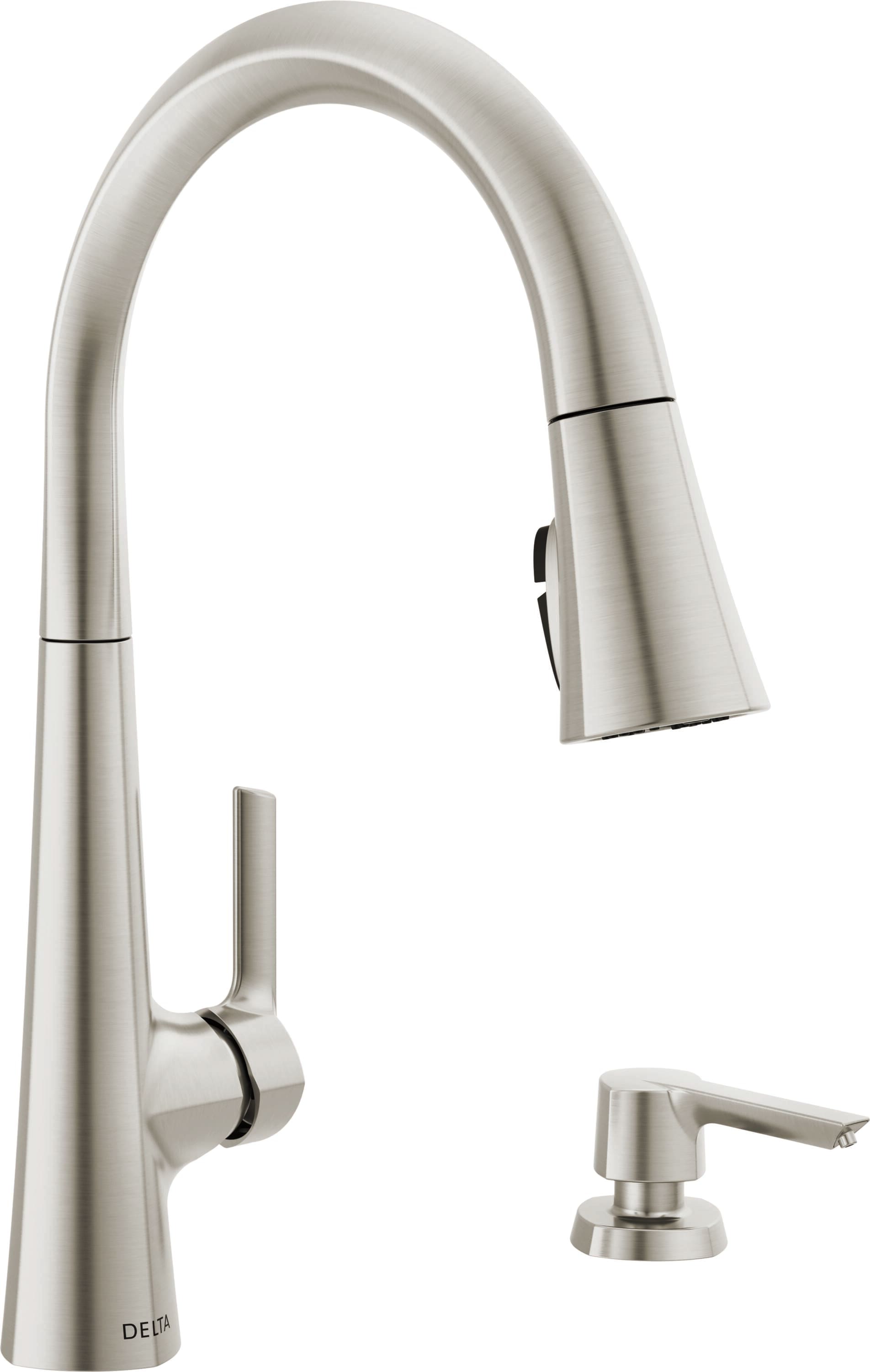 Clifton Stainless Steel Single Handle Pull-down Kitchen Faucet with Sprayer (Deck Plate and Soap Dispenser Included) | - Delta 19872Z-SPSD-DST