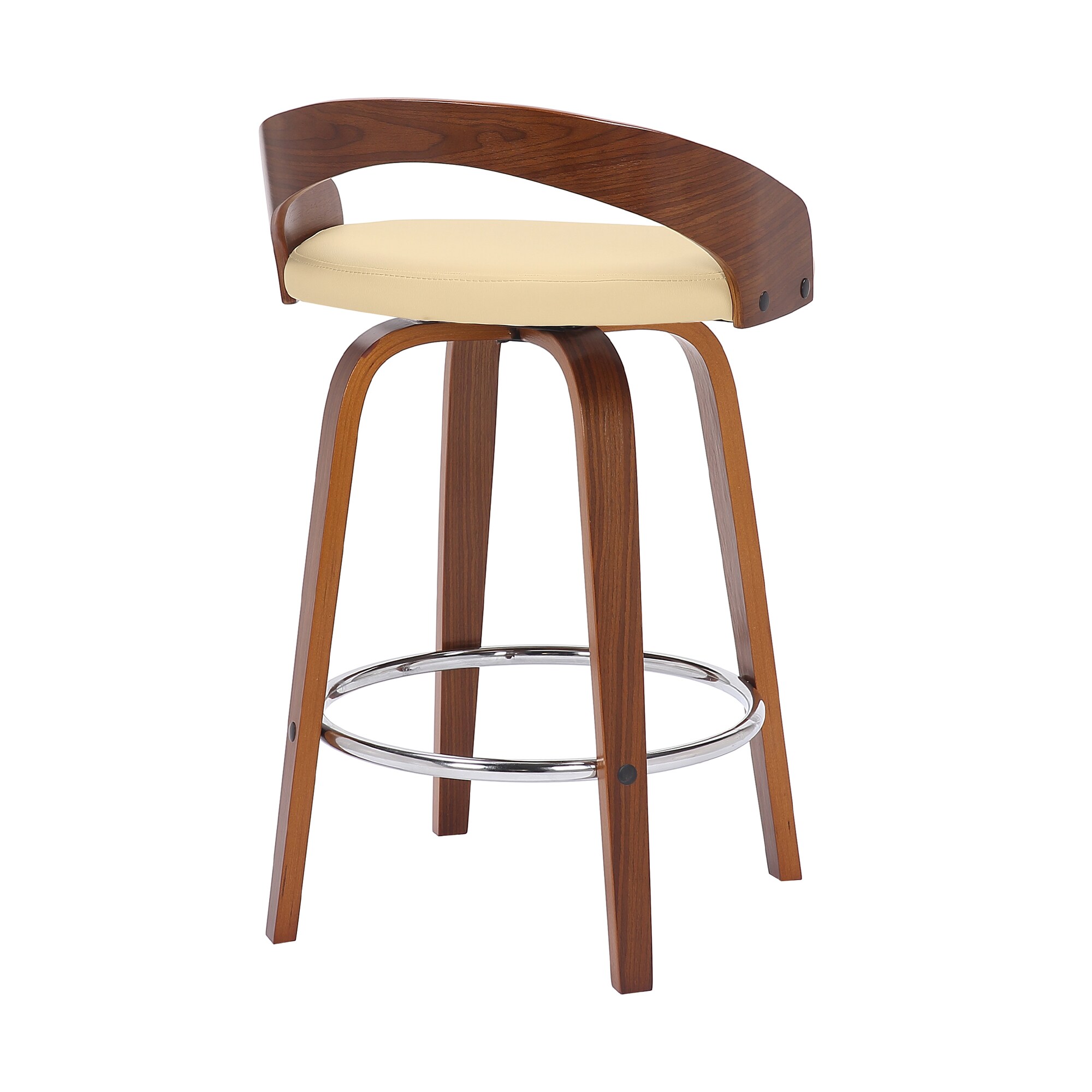 Cream Faux Leather and Walnut Wood Swivel Counter Stool