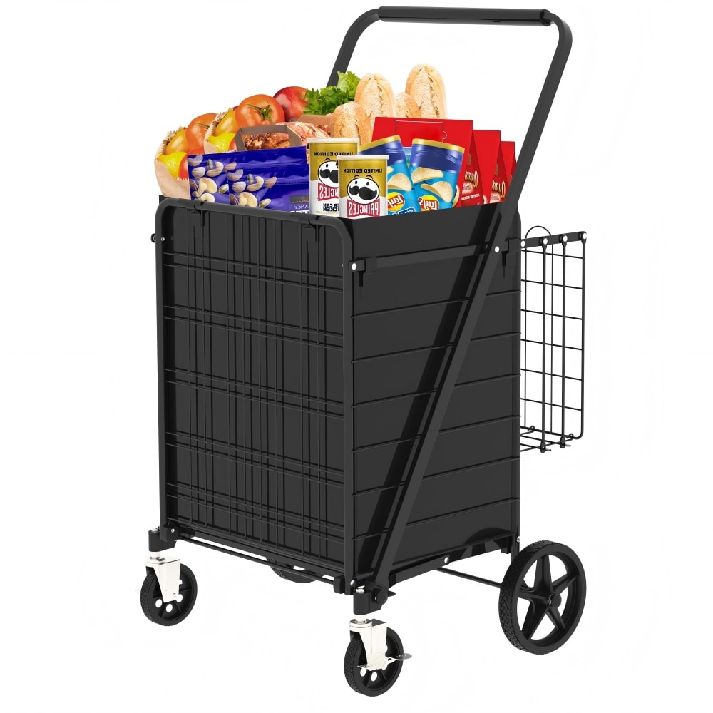 YOSIMFUR Large Shopping Cart with Brake Foldable Utility Grocery Cart on Wheels with Double Basket and 360 Degree Swivel Rolling Wheels for Groceries and Laundry