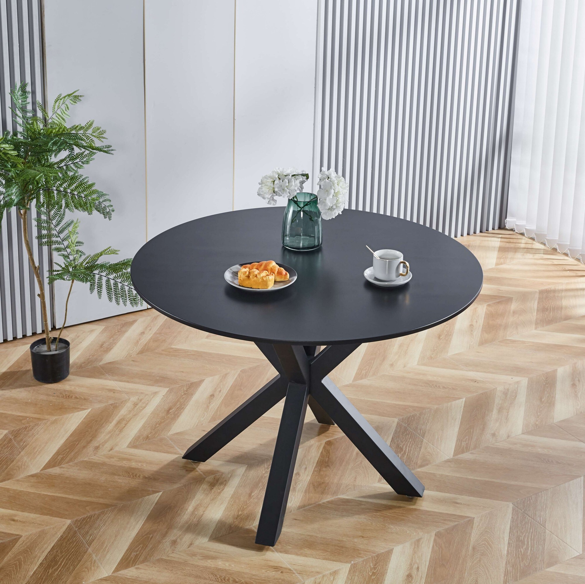 Huluwat - Black Mid-century Dining Table for 4-6 People Round MDF Table Top Cross Leg Pedestal Di...