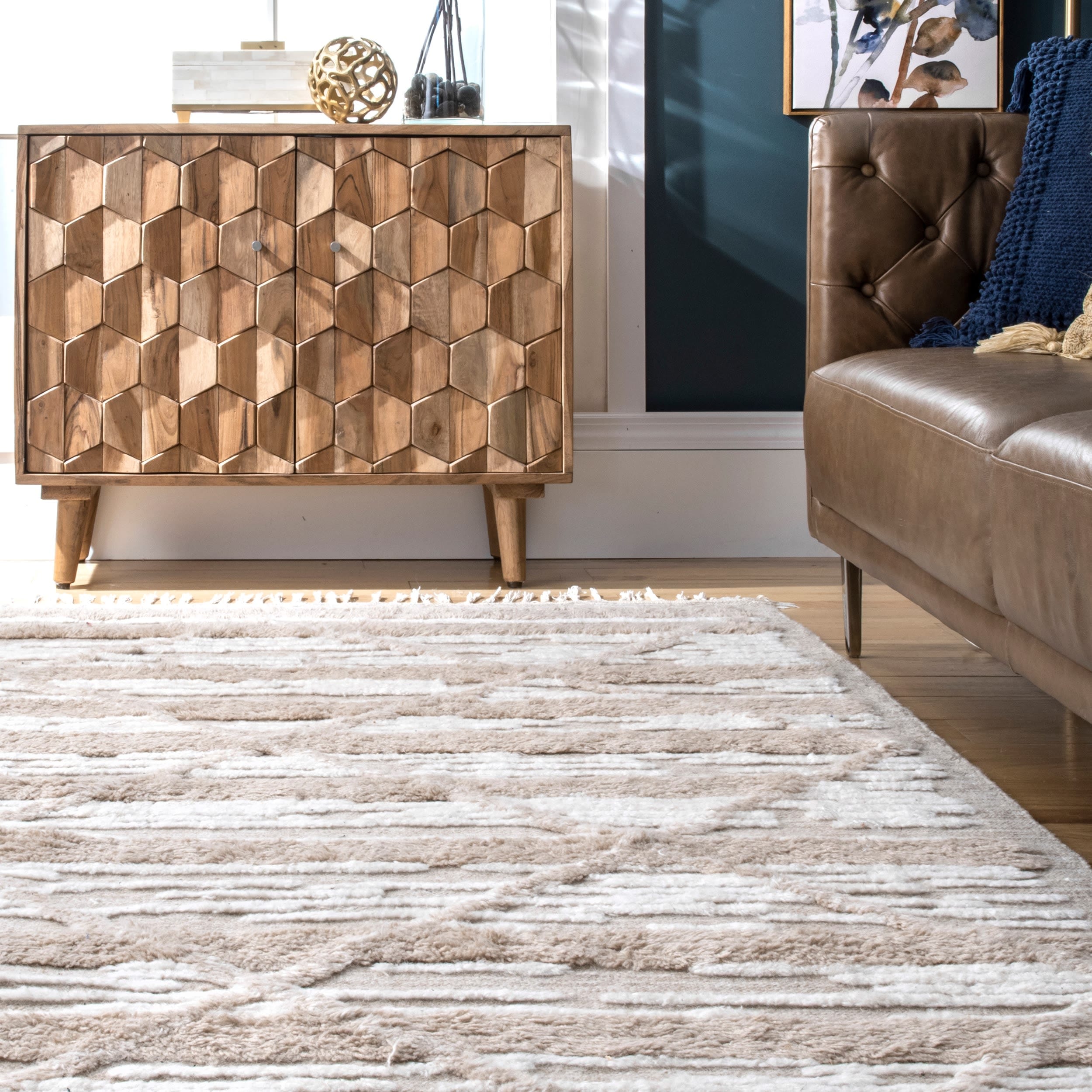 Handmade Geometric Shag Wool-Cotton Area Rug, 5' x 8', Beige