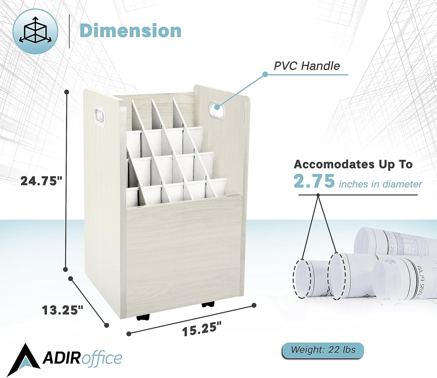 White Mobile Rolling Wood Blueprint Organizer with 20 Compartments