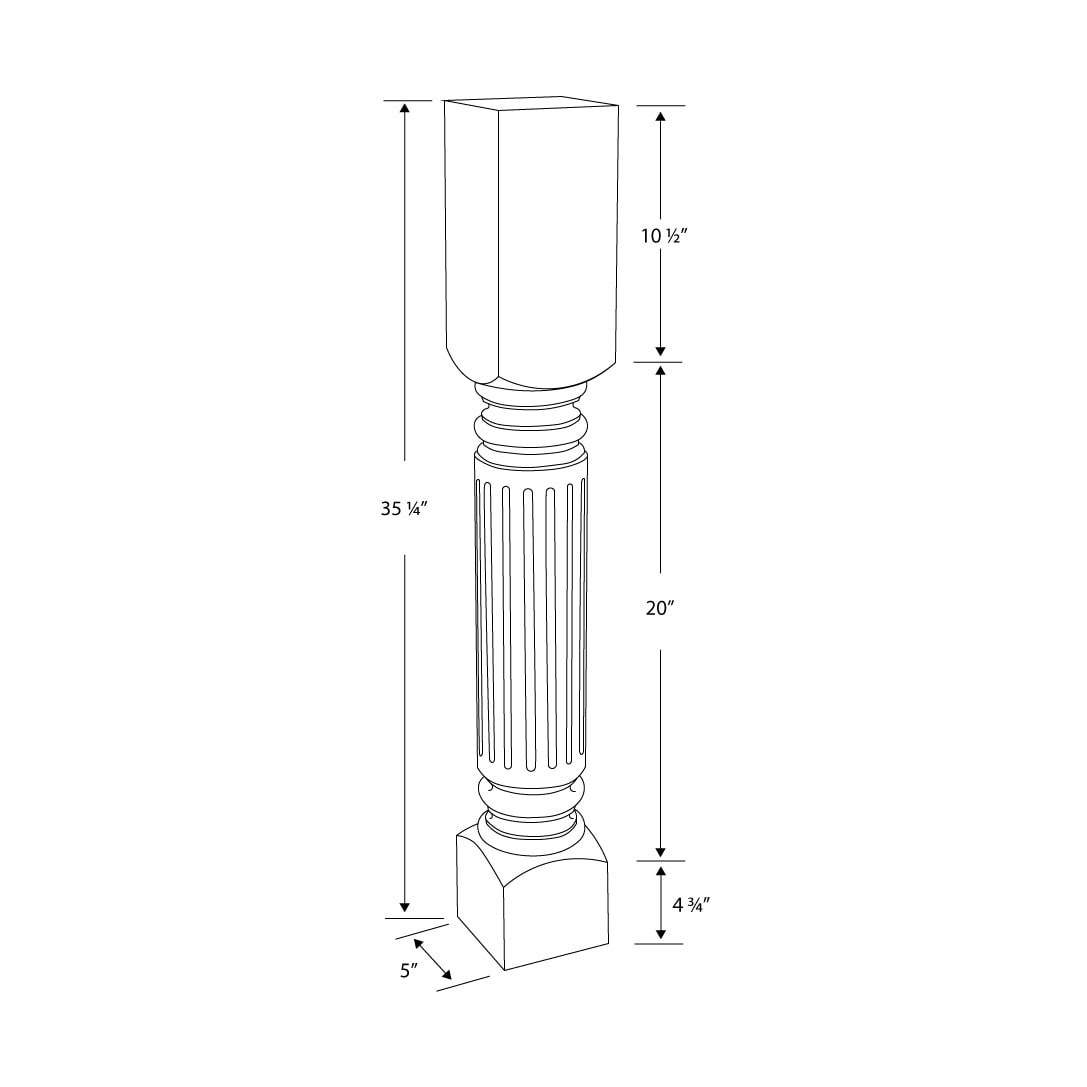 Unfinished Solid Rubberwood Fluted Kitchen Island Leg, 35.25"