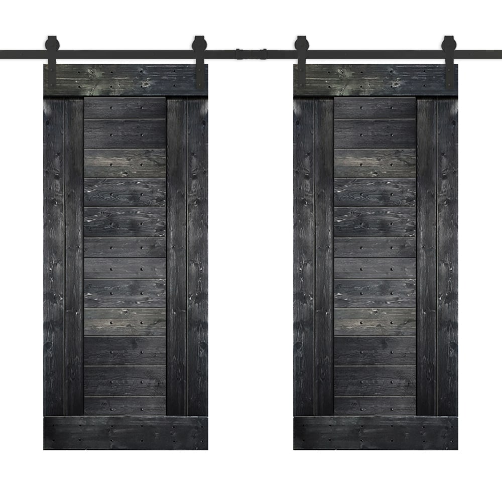 CALHOME MK-72(2+N3-30G2(2+CN 60-in x 84-in Metallic Gray Pine Wood Solid core Double Barn Door (Hardware Included)