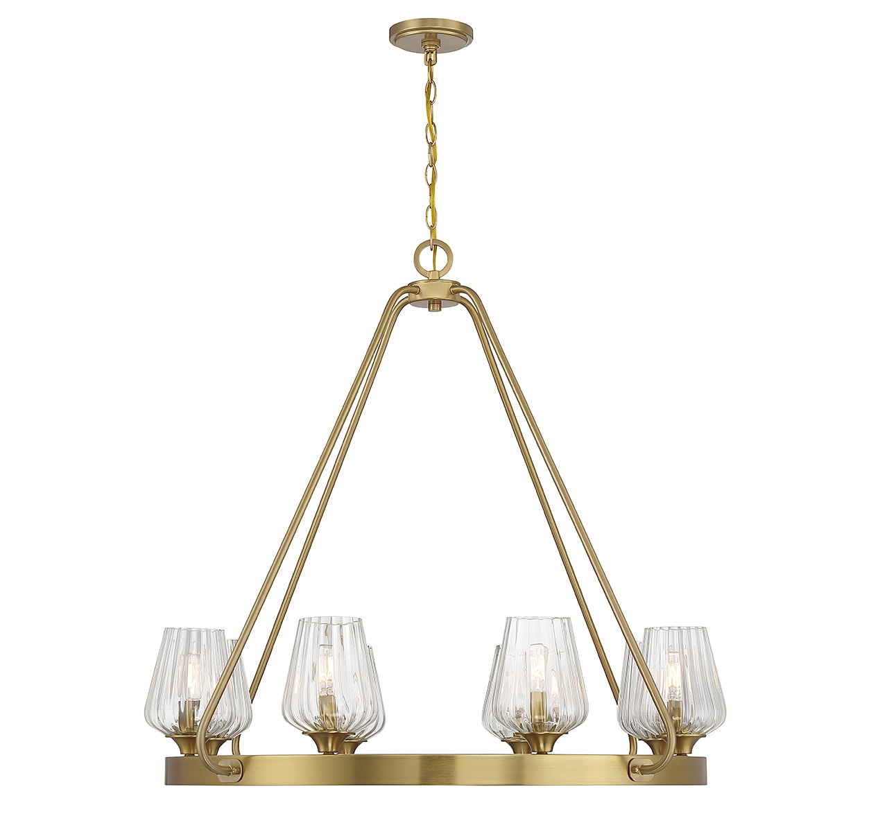 Warm Brass 8-Light Chandelier with Ribbed Glass Shades