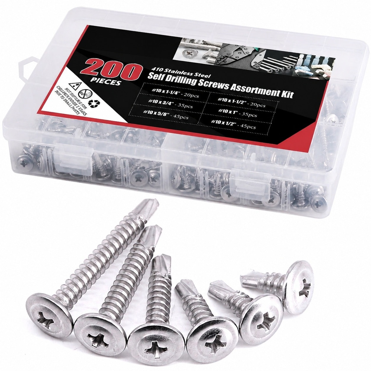 ITOPFOX  410 Stainless Steel 10 Wafer Head Phillips Self Drilling Screws Assortment Kit Size 10 by 1/2 in to 1-1/2 in Pack of 200