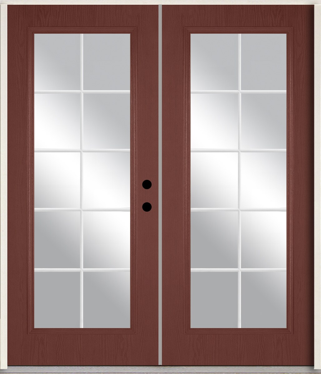 72-in x 80-in Fiberglass Full Lite Left-Hand Inswing Wineberry Stained Prehung Double Front Door Insulating Core with Grills | - RELIABILT LO889972