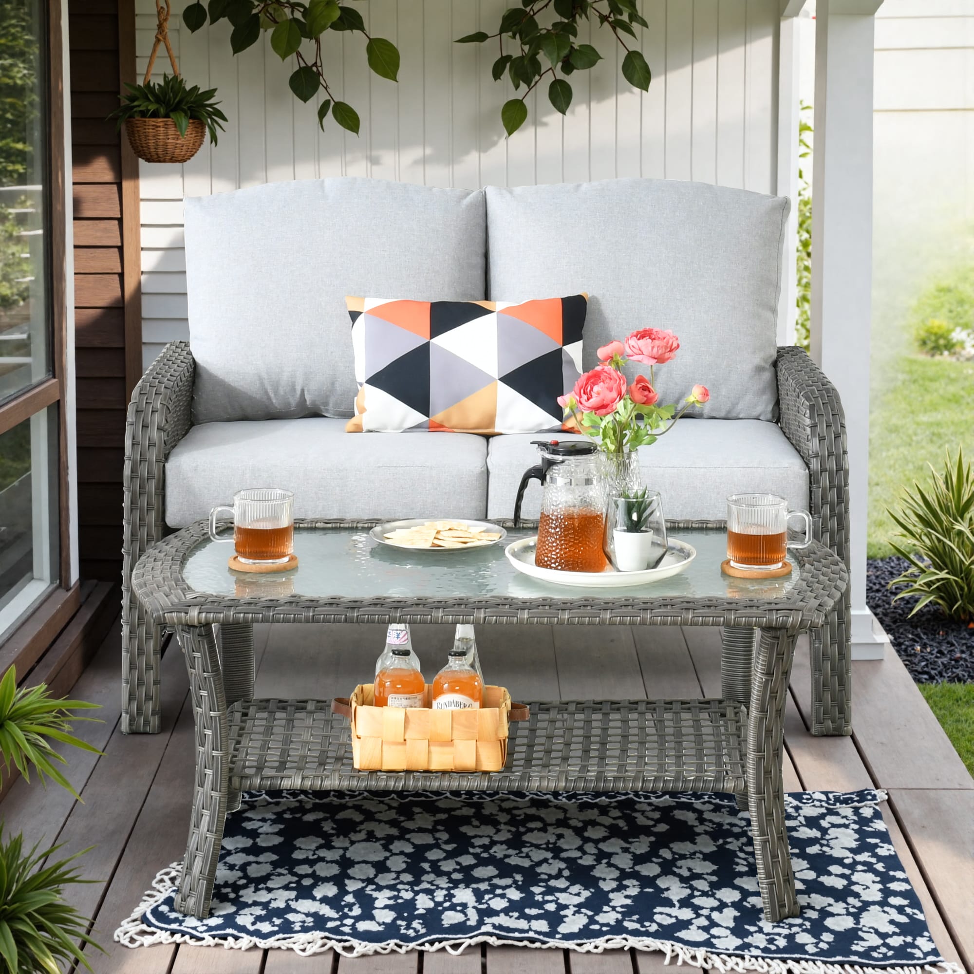 weaxty HMBGNDS400Z1 Initial Wicker Outdoor Loveseat with Gray Cushions and Steel Frame