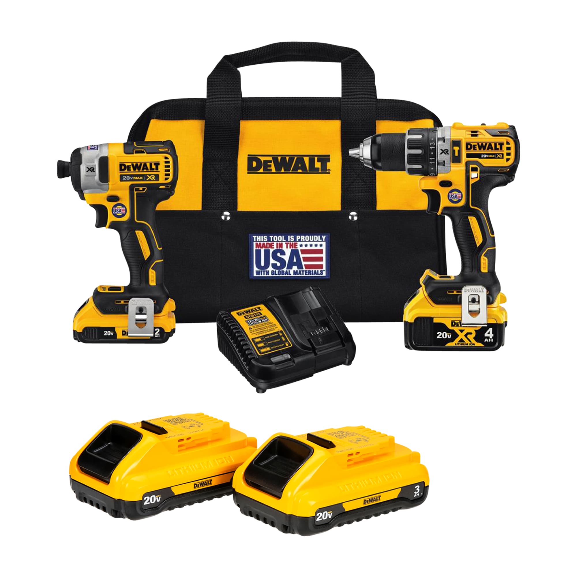 DEWALT 20-Volt 2-Pack 3 Amp-Hour Lithium Power Tool Battery & XR 2-Tool 20-Volt Max Brushless Power Tool Combo Kit with Soft Case 2-Batteries and