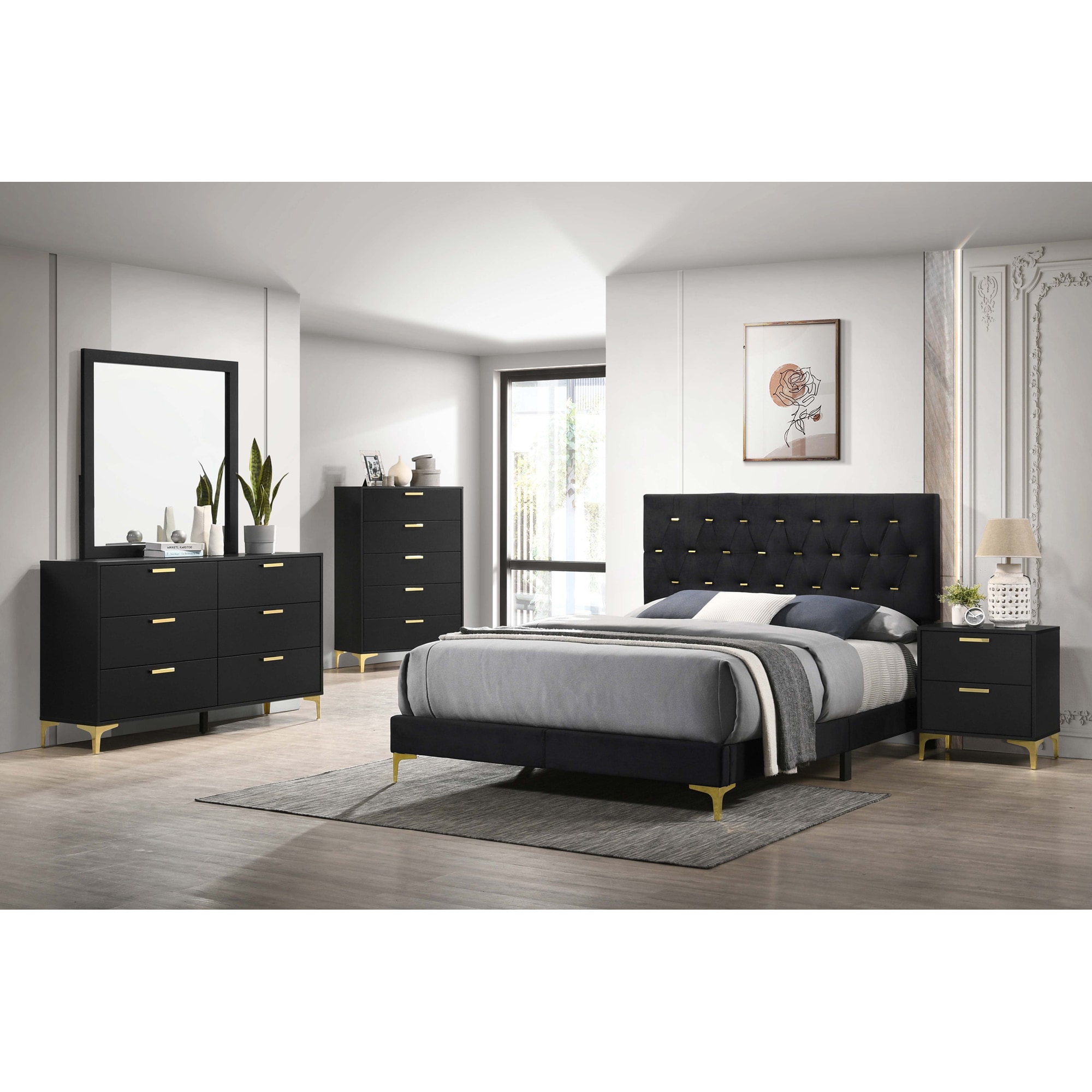 LOVMOR - Black Queen 5PCS Bedroom Set with 1xBed 1xNightstand 1xDresser 1xMirror 1xChest