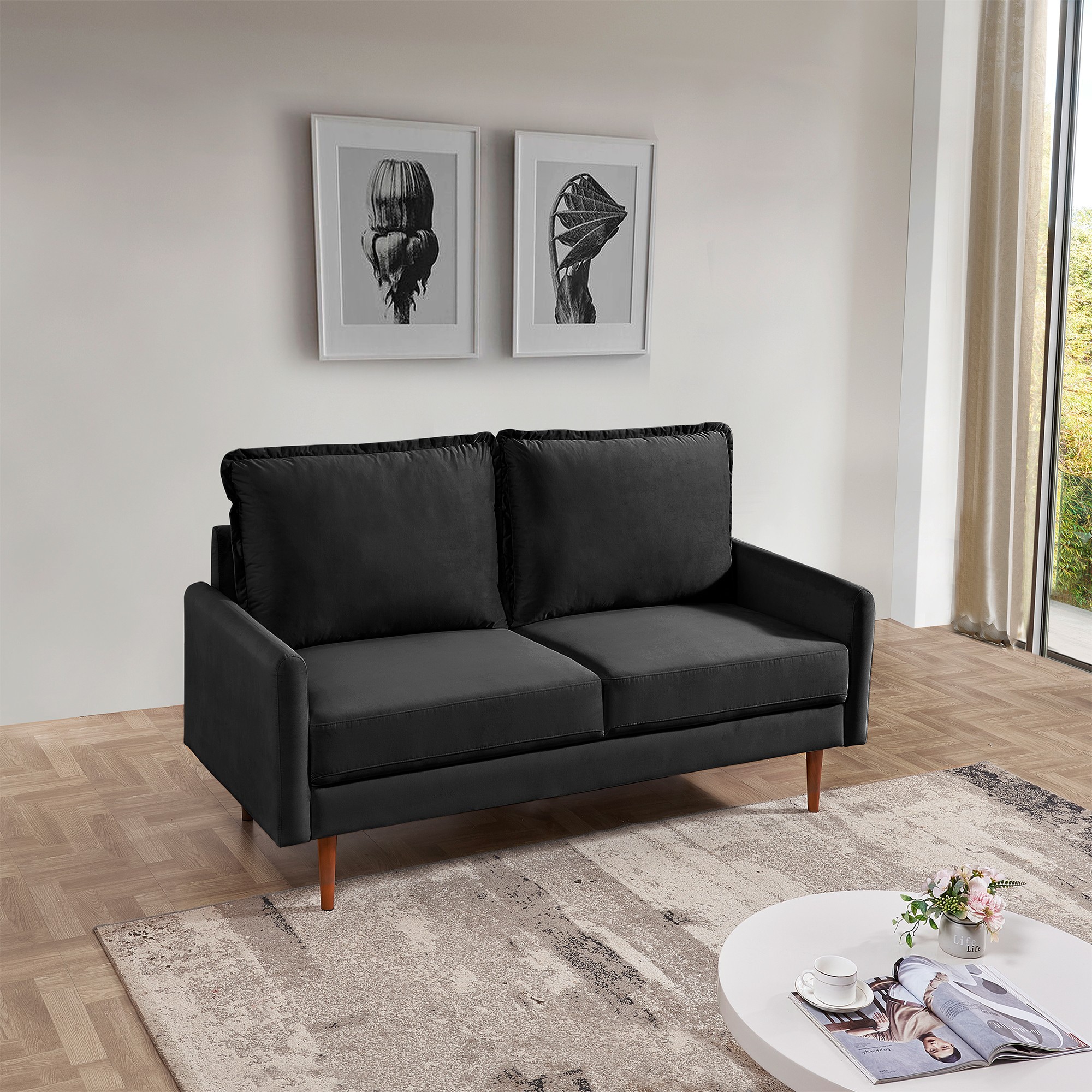 57-Inch Black Velvet Loveseat with Wood Legs