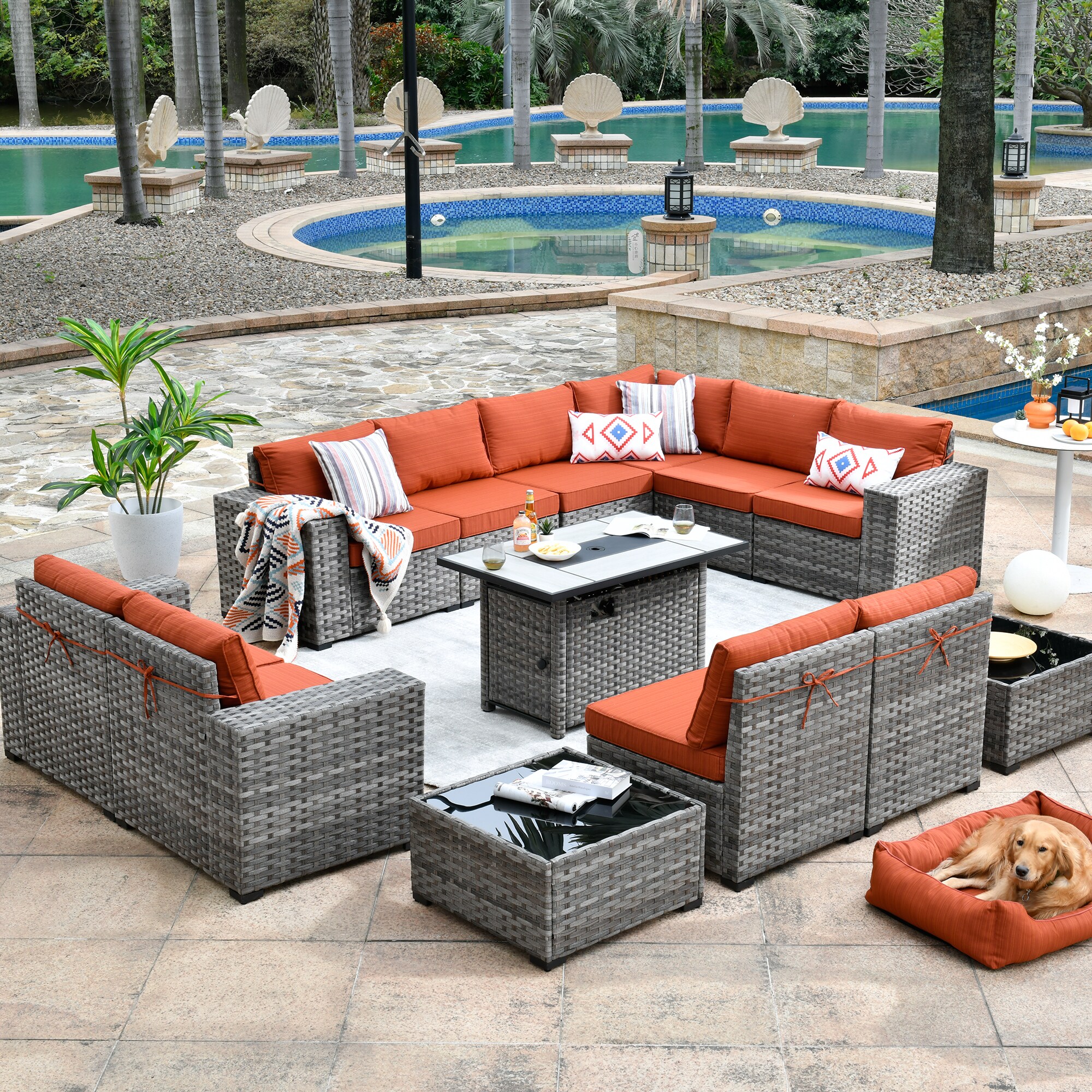 Pouuin 13-Piece Rattan Patio Conversation Set with Red Cushions in the ...