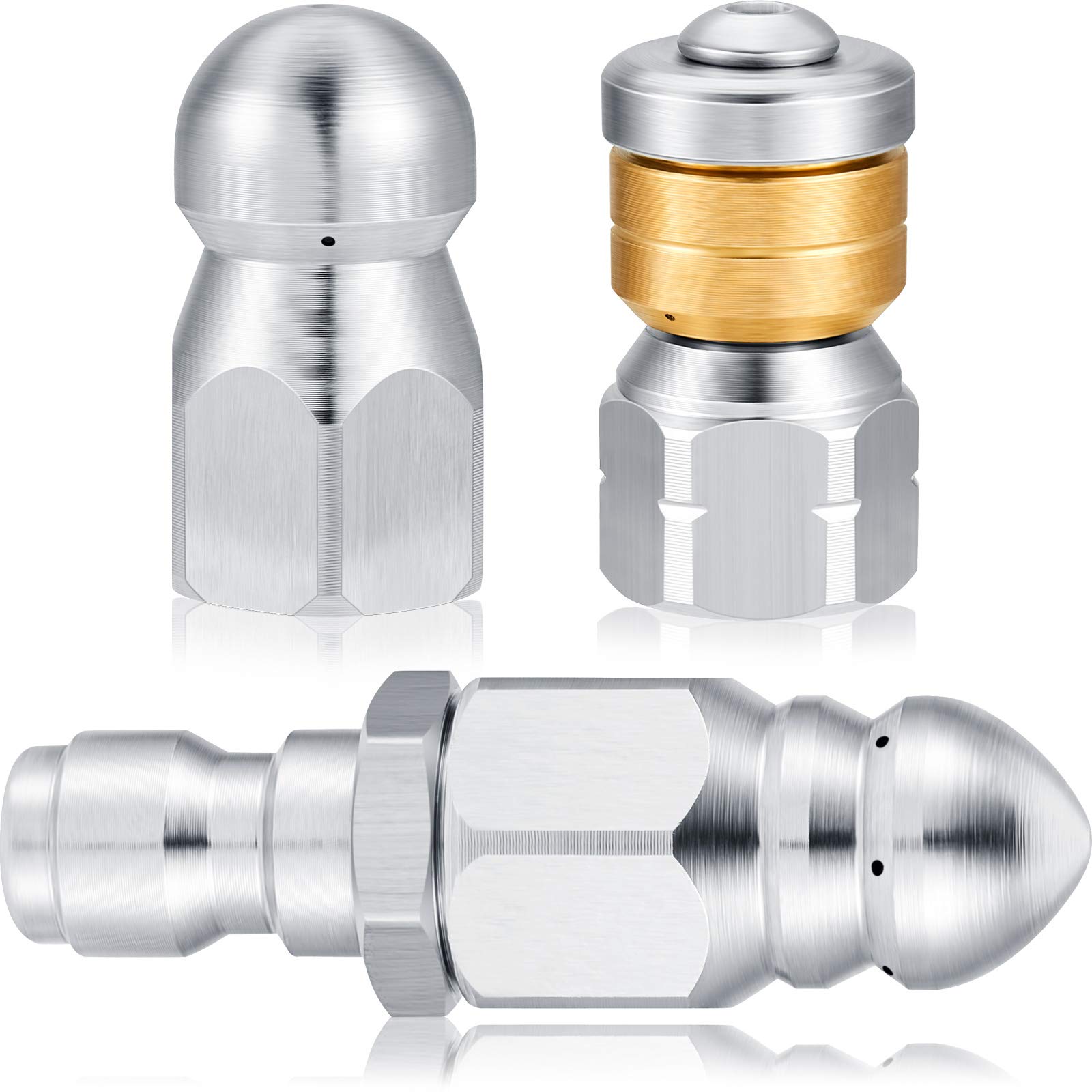 AOIZGMY  3 pcs Pressure Washer Sewer Jetter Nozzle Kit Stainless Steel Rotating Button Nose and Pointed Jet Nozzles for 1 4 Inch Quick Connector