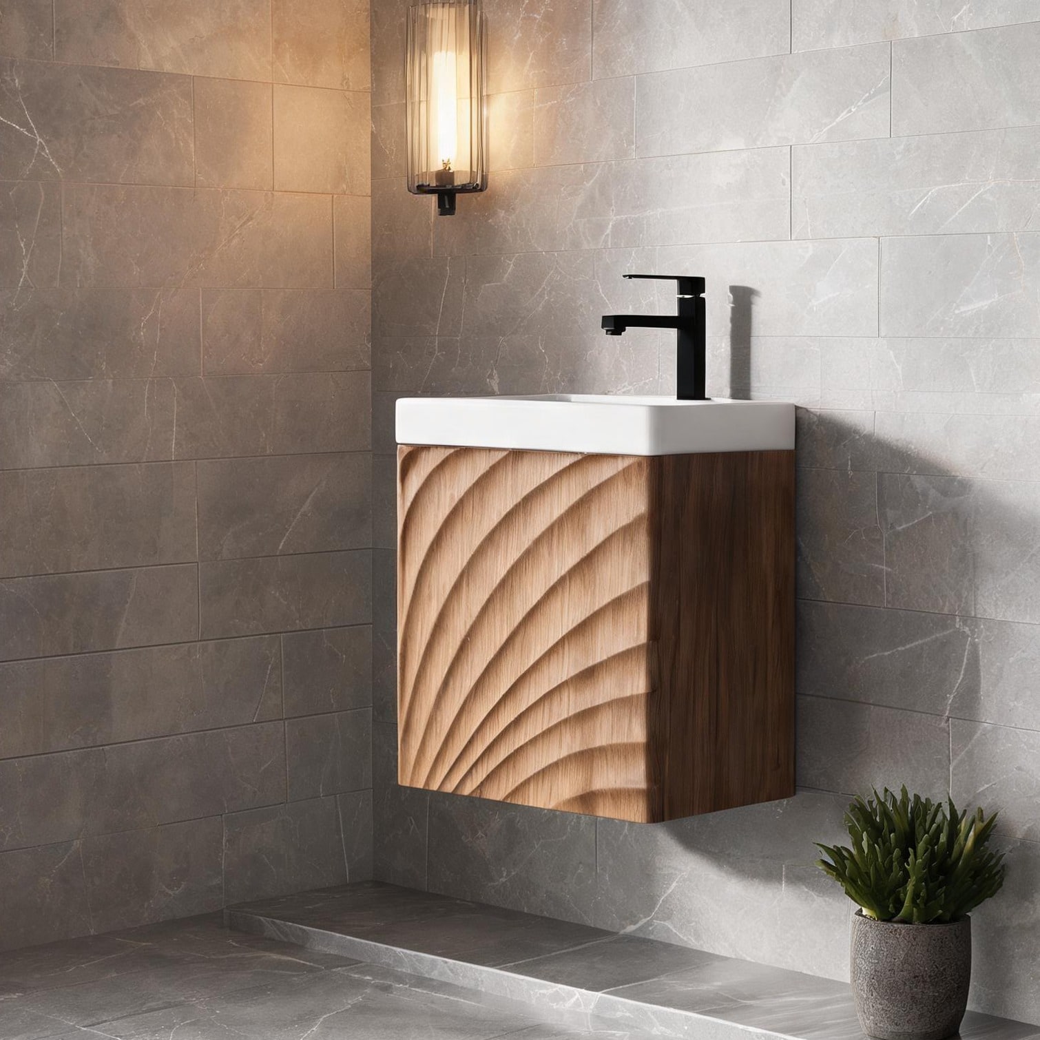 Naturefalls - Wall-Mounted Single-Door Bathroom Vanity in Warm Brown with Resin Sink and Soft-Clo...