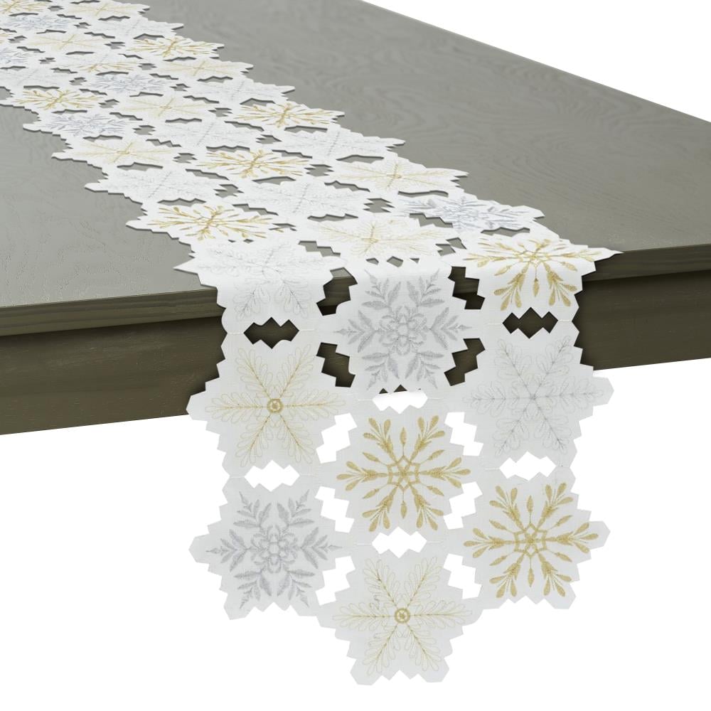 Silver and Gold Embroidered Snowflakes Polyester Table Runner
