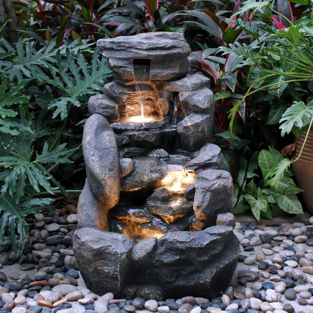 28.7-in H Outdoor Water Fountain, 5-Tier Concrete Cascading Waterfall - Grey - Floor - Stone