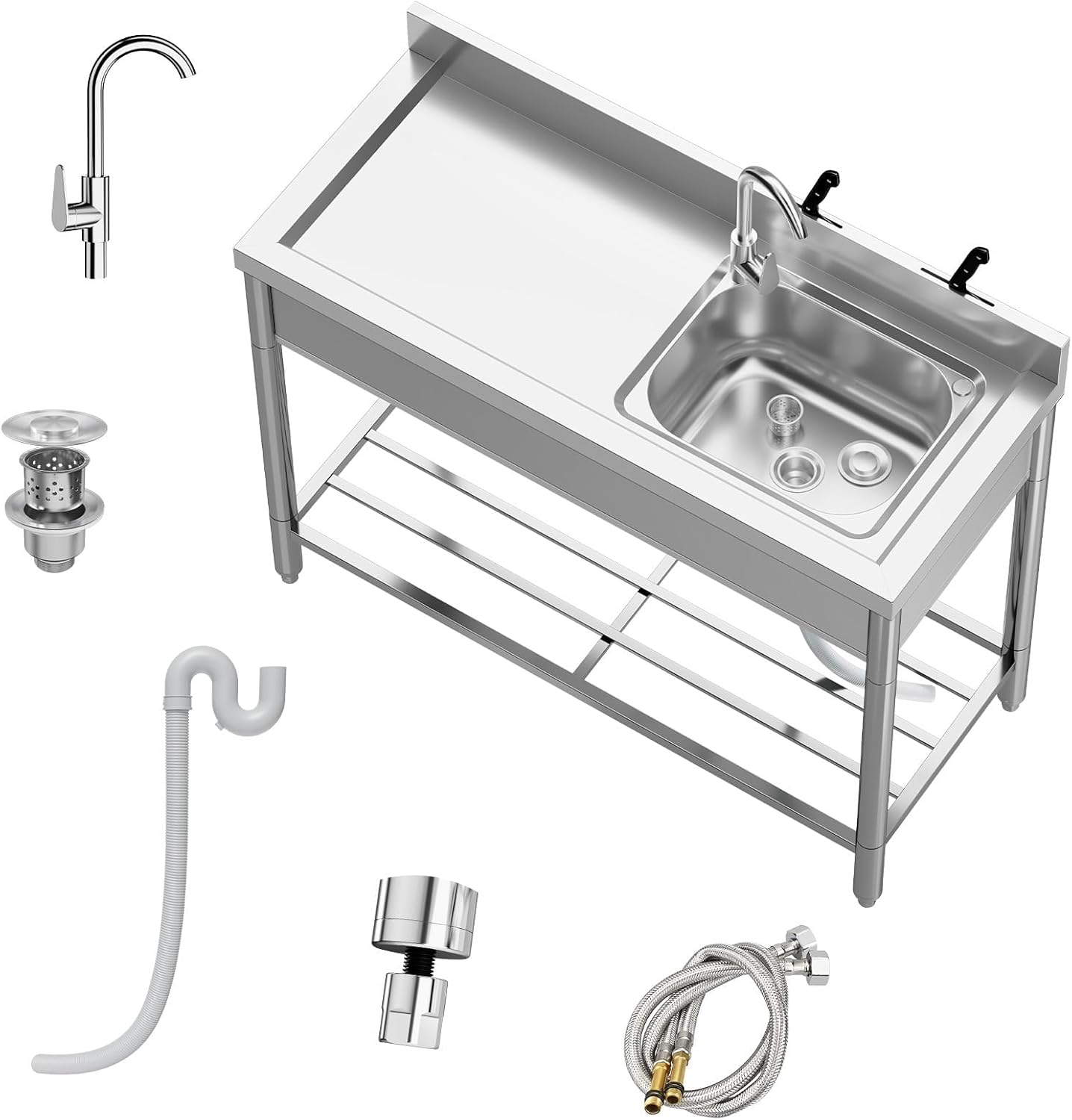 Qeetex LHF-SC-QPVP09016 Utility Sink 47x20x37 Inch - Outdoor Sink with 360 Rotating Faucet - Hot and Cold Water Pipes/Cabinet - Stainless Steel Free Standing Sink for Laundry/Kitchen/Outdoor/Garage/Restaurant