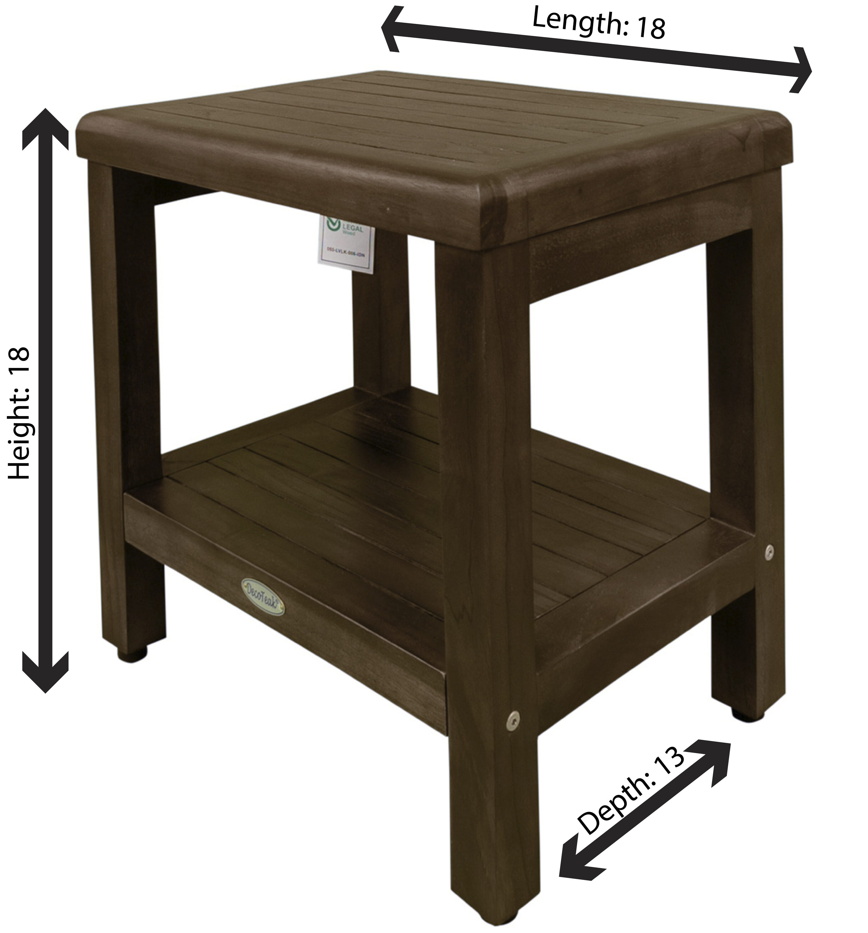 Classic Woodland Brown Teak Shower Bench with Shelf, 18"