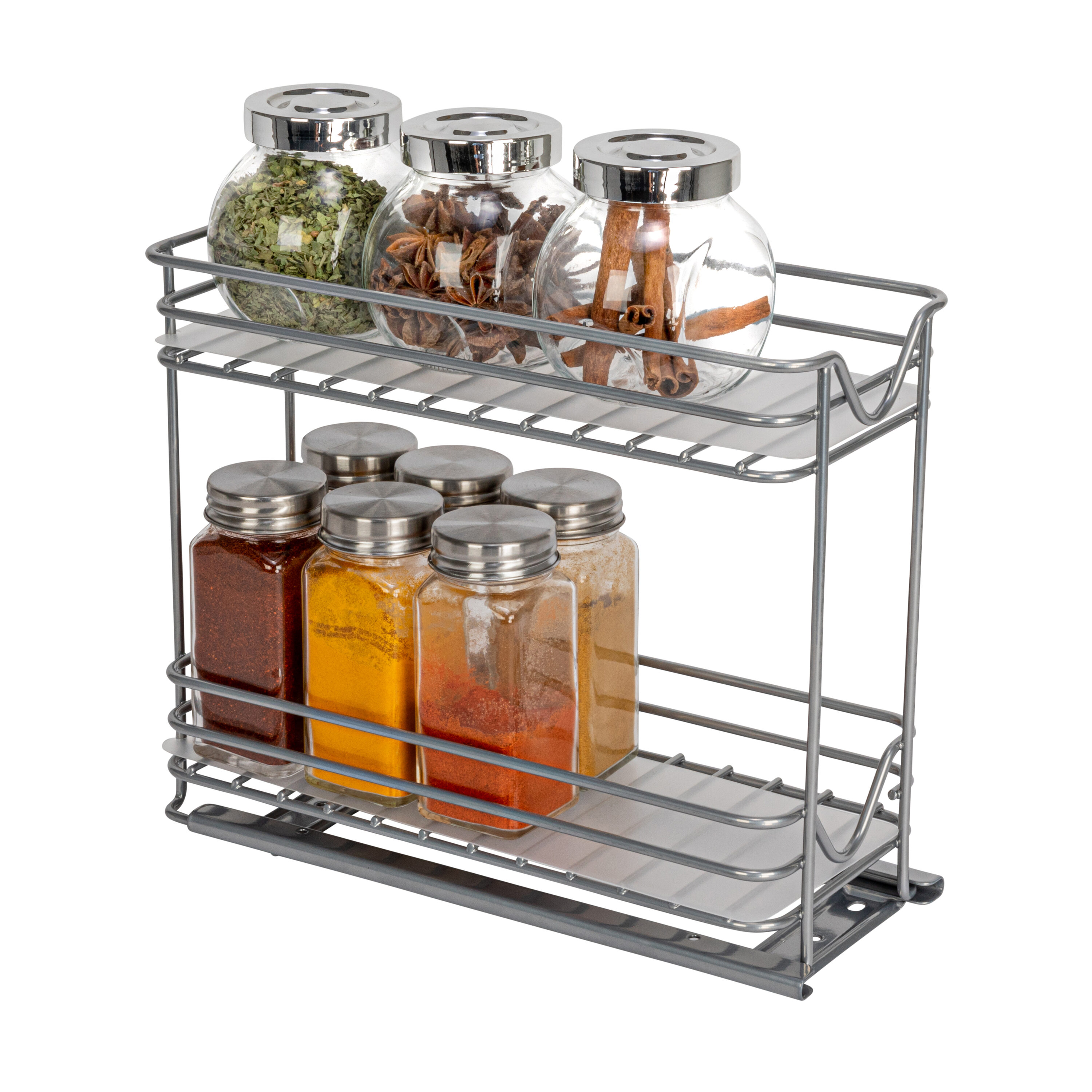 Household Essentials Glidez PowderCoated Steel PullOut/SlideOut Storage Organizer with Plastic Liners for Spice Rack Use  2 Tier Design  Fits Standard Size Cabinet or Shelf Brushed Silver