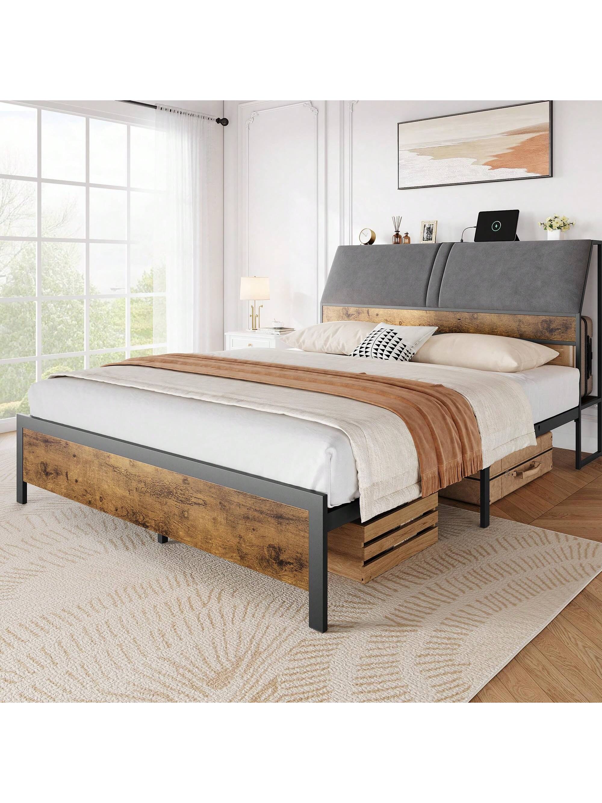 Qeetex PHO-14YPQHN9-HF4 Bed Frame With Charging Station. Metal Platform Bed With Ergonomic Large Storage Headboard. Metal Slats Support. Noise-Free. No Box Spring Needed. Rustic Brown