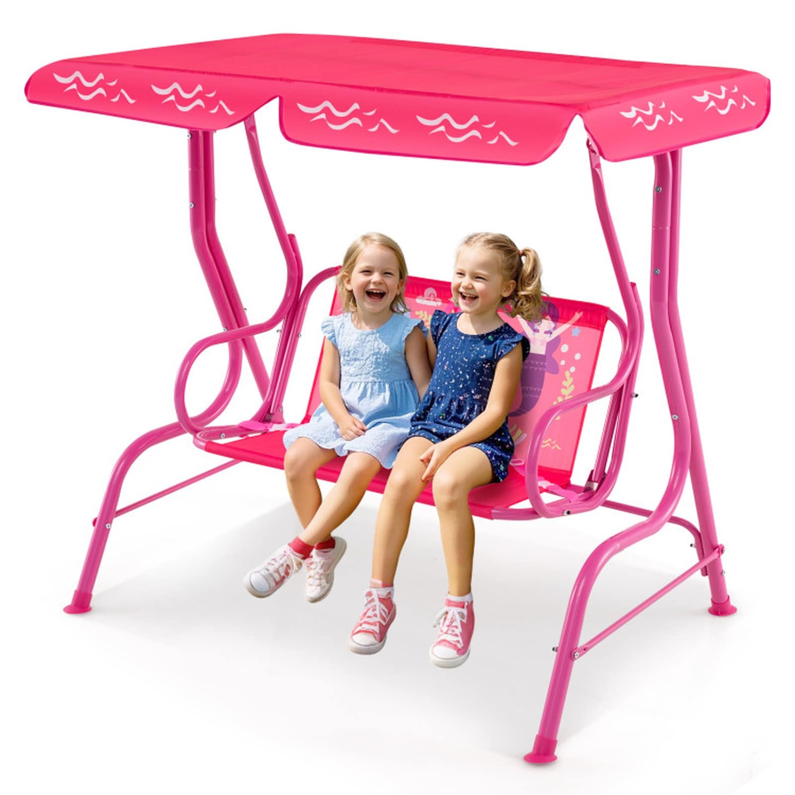 SUGIFT 2-Seater Kids Patio Swing with Metal Stand Adjustable Canopy 31-in Wide Seat 180-lb Capacity 2 Safety Belts for Ages 3 Plus #LW038SUGHY474