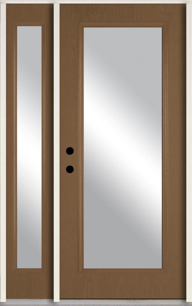 RELIABILT LO889934 48-in x 80-in x Fiberglass Full lite Right-hand inswing Woodhaven Stained Prehung Front Door with Right Sidelight Insulating core