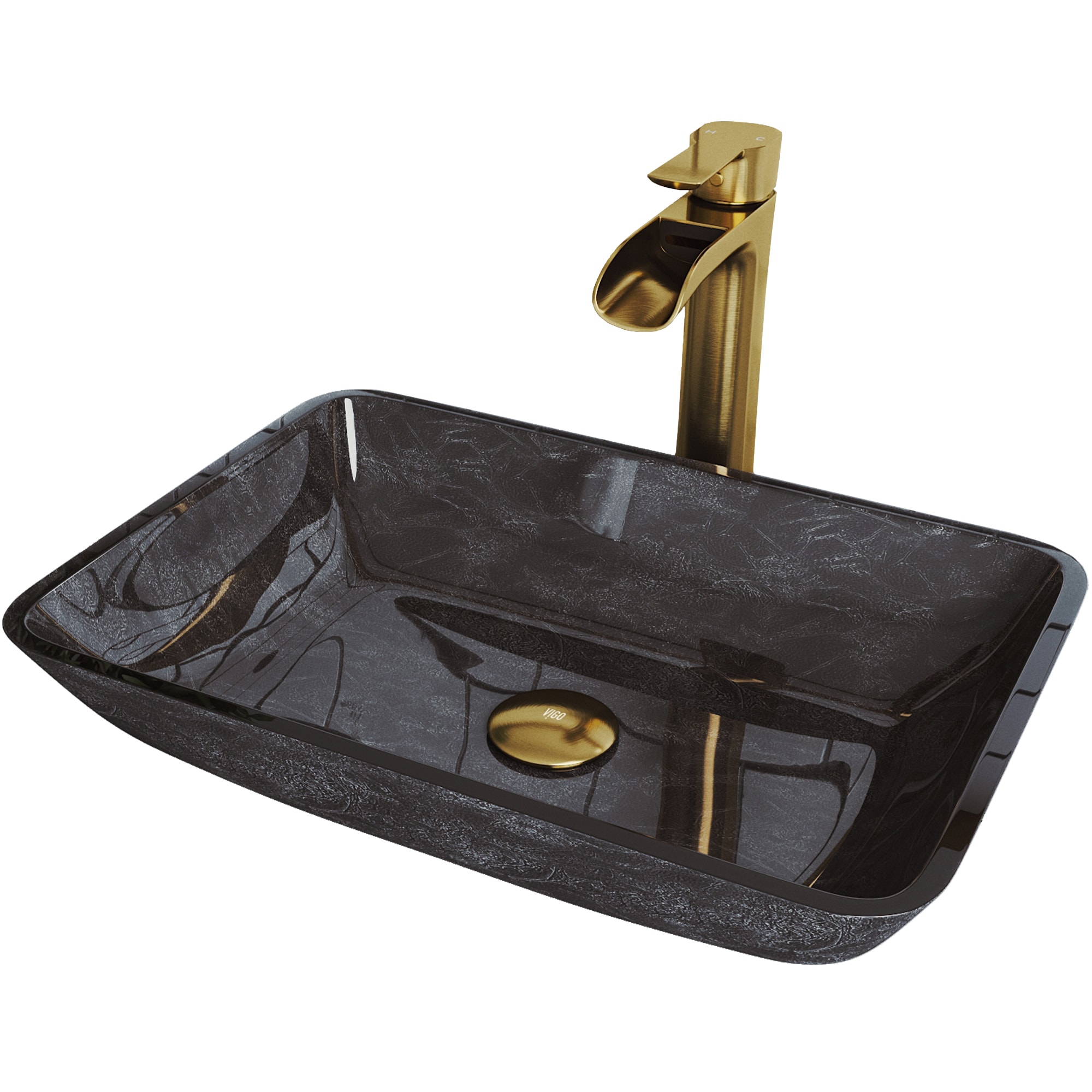VIGO VGT1466 Onyx Glass 13-in Vessel Rectangular Modern Gray Onyx Bathroom Sink with Faucet Included with Drain Included