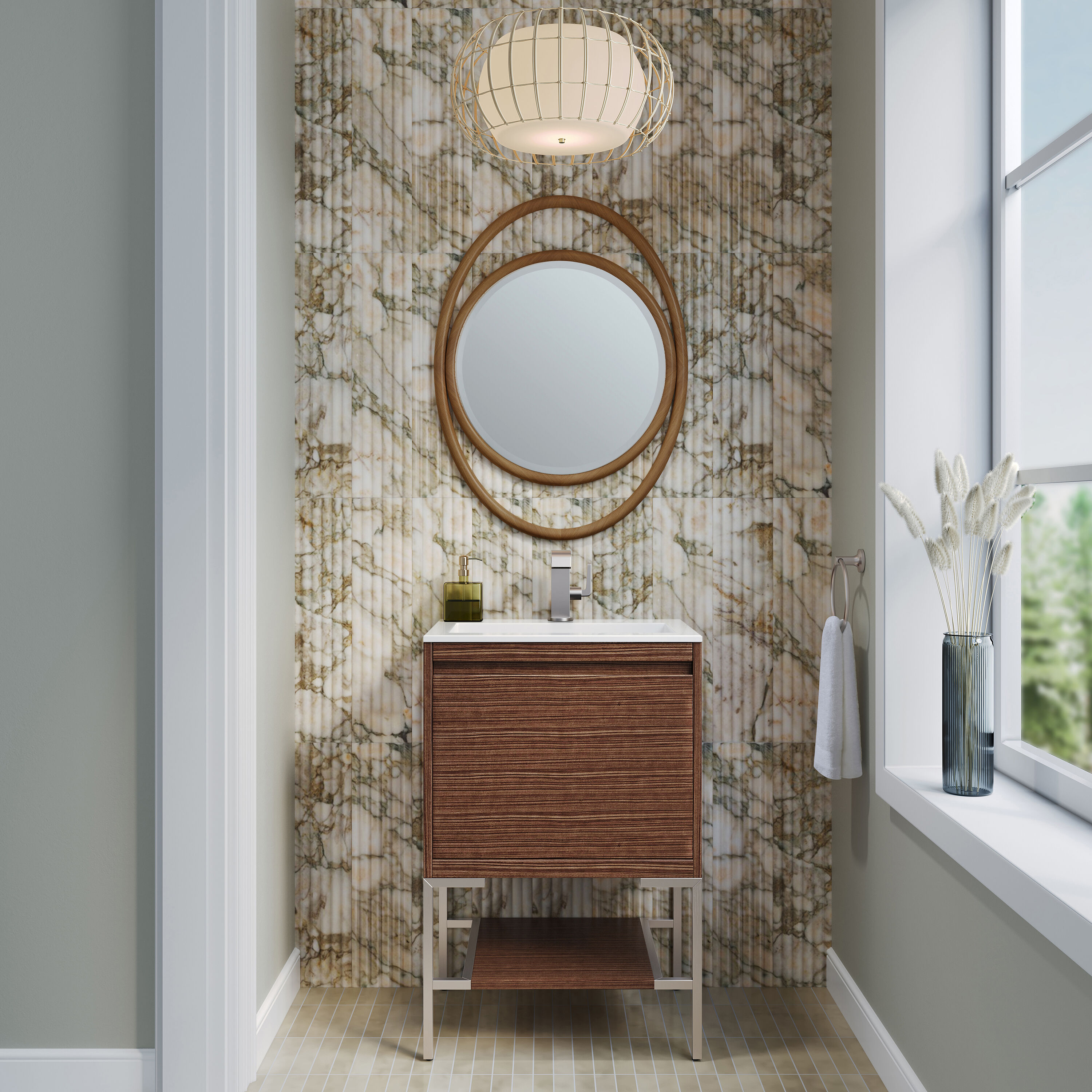 Mid-Century Walnut Single Vanity with Glossy White Top