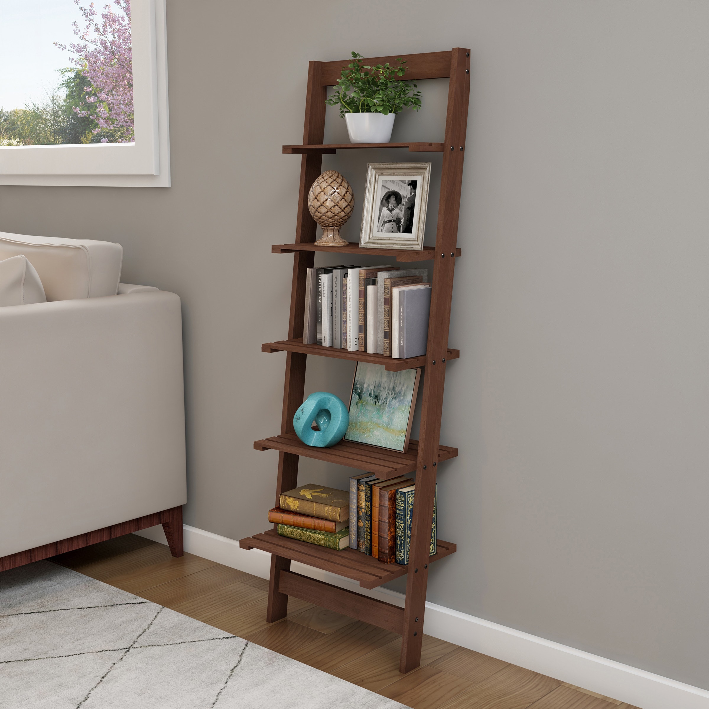 Hastings Home 450259QLH Bookcases Walnut Wood 5 -Shelf Ladder Bookcase ( 16.25-in W x 50-in H x 11.5-in D ) Finished