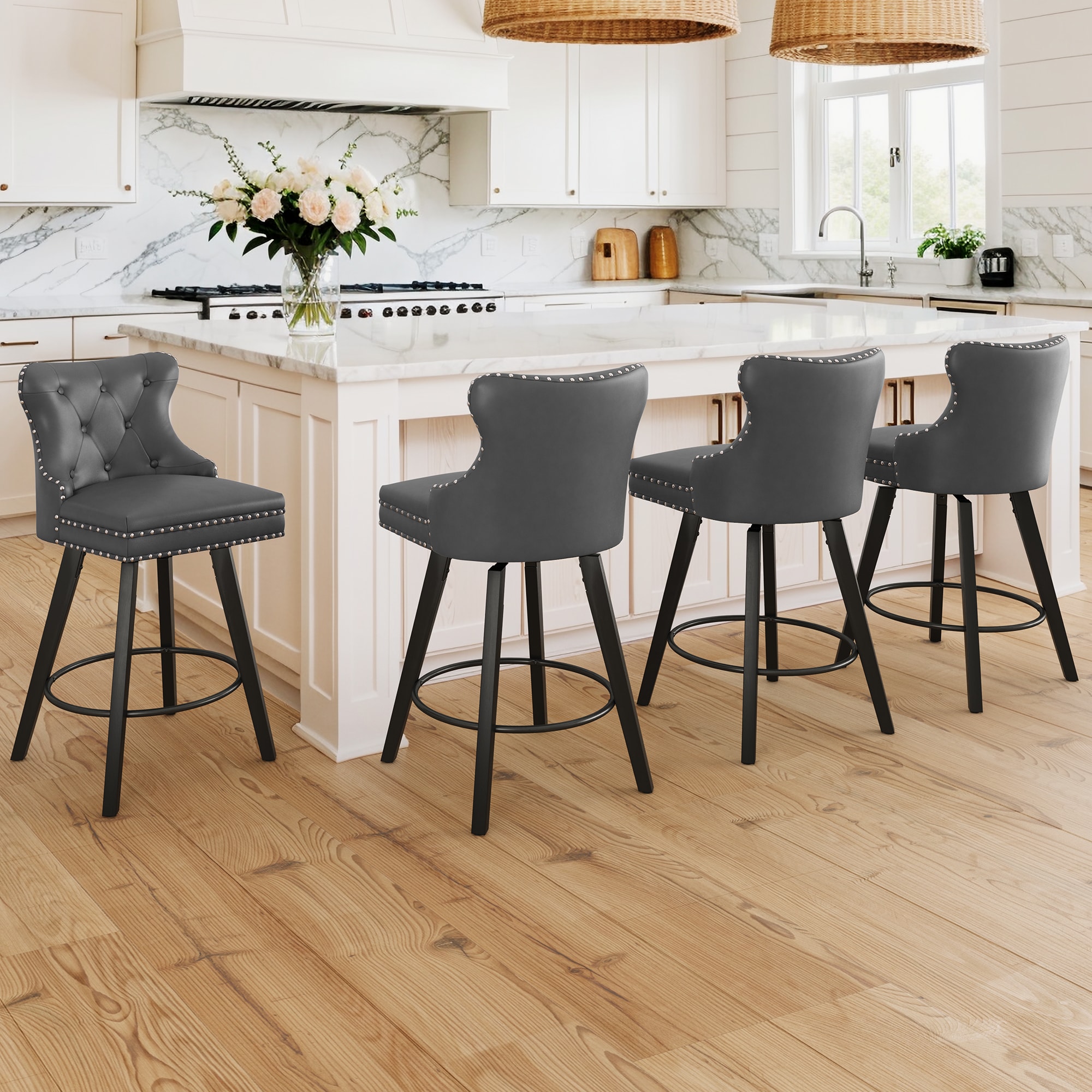 LUE BONA 4YB-122-02LS 4 -Set Dark Gary 27-in H Counter height Square seat Upholstered Swivel Wood Bar Stool and Back