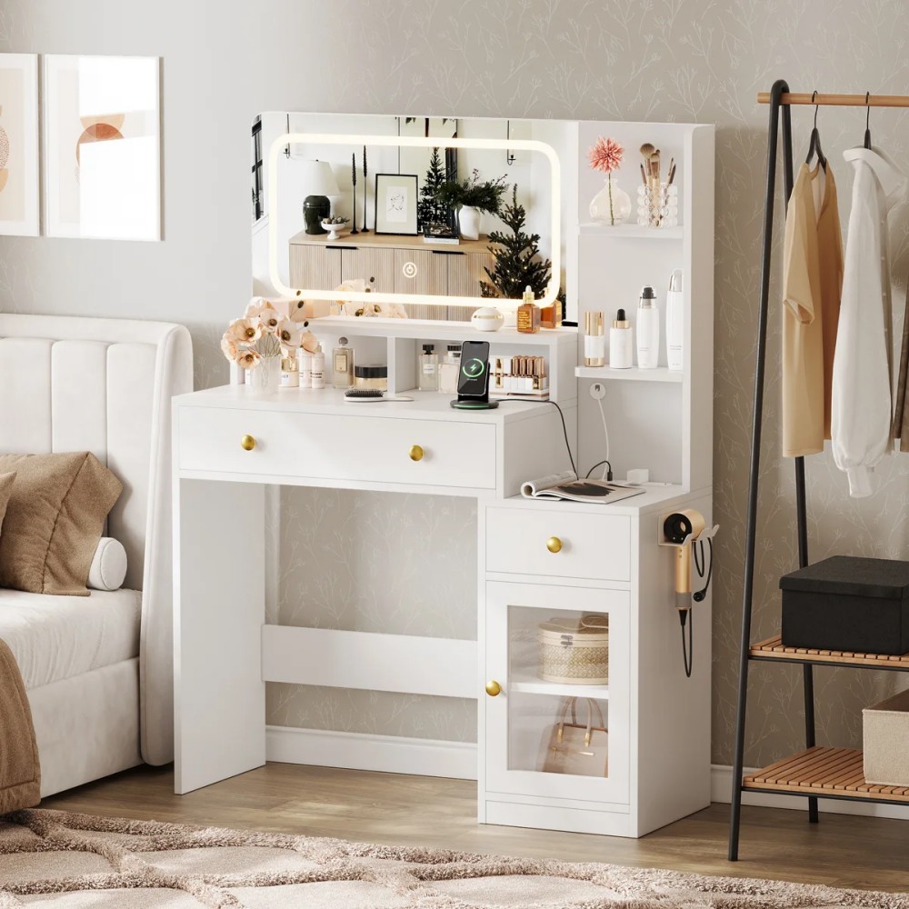 Furologee - 35 Inch Modern White Makeup Vanity Desk with LED Lighted Mirror Charging Station 2 Ou...