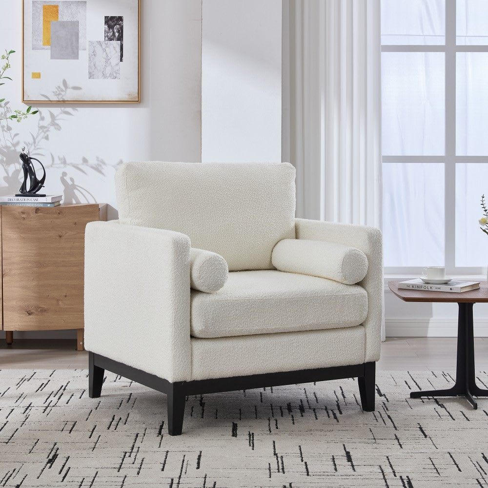 Coolbibila SAMUEL-CHAIR-IVORY Ivory Boucle Upholstered Arm Chair with Removable Cushion and 2 Pillows Modern Living Room Chair