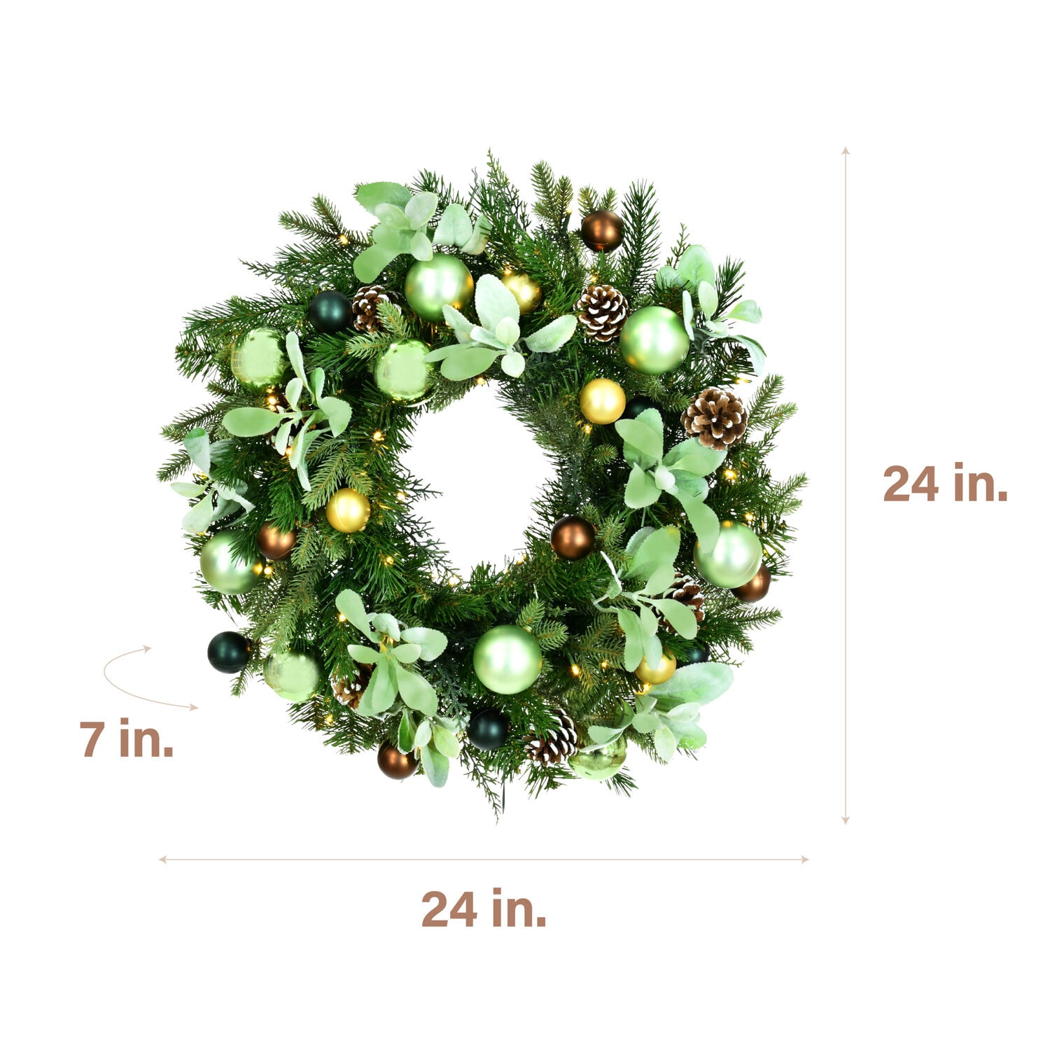 24-Inch Green and Brown Artificial Christmas Wreath with Pinecones and LED Lights