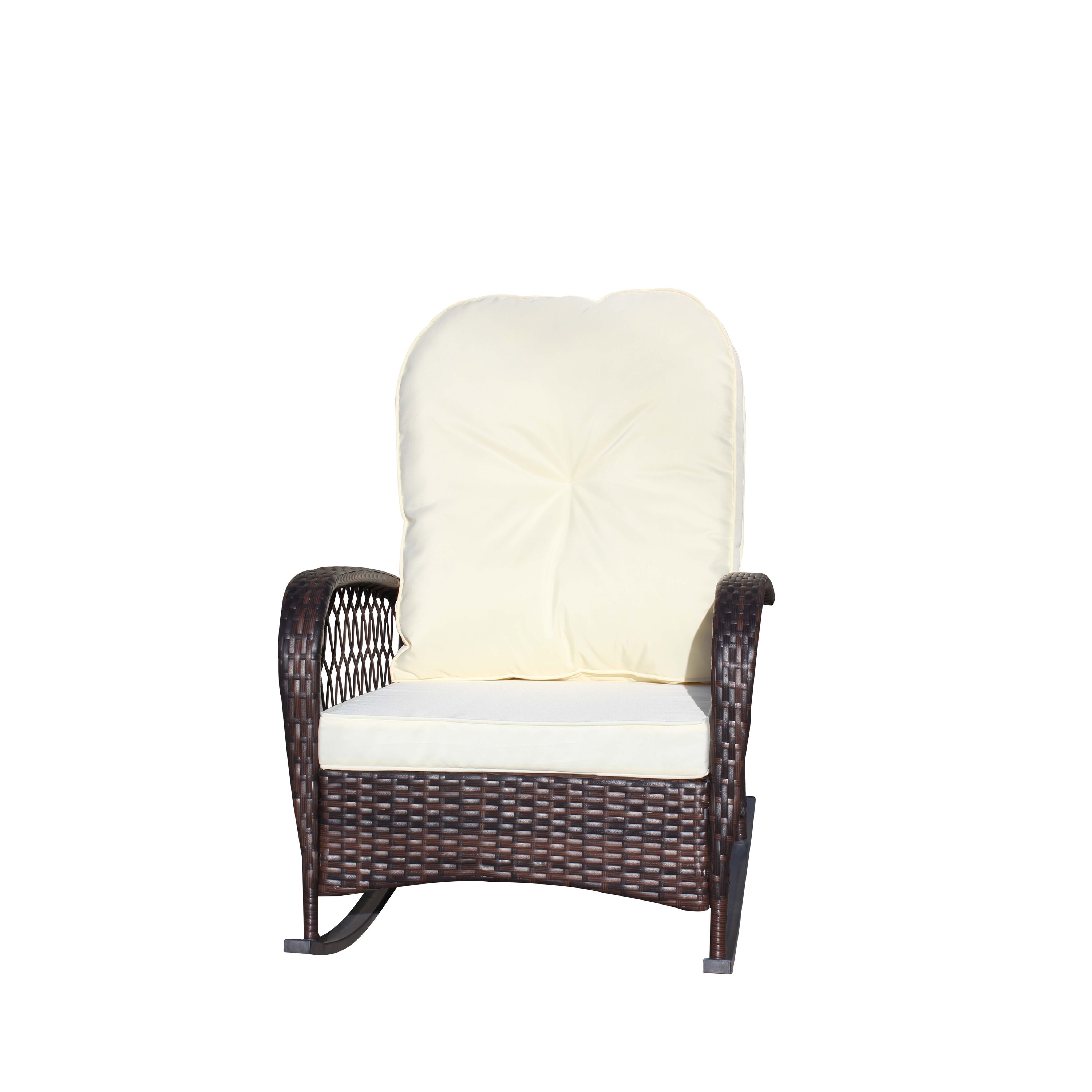 Nestfair FERF265086B Patio Furniture Wicker Brown Rattan Frame Rocking Chair with Off-white Cushioned Seat
