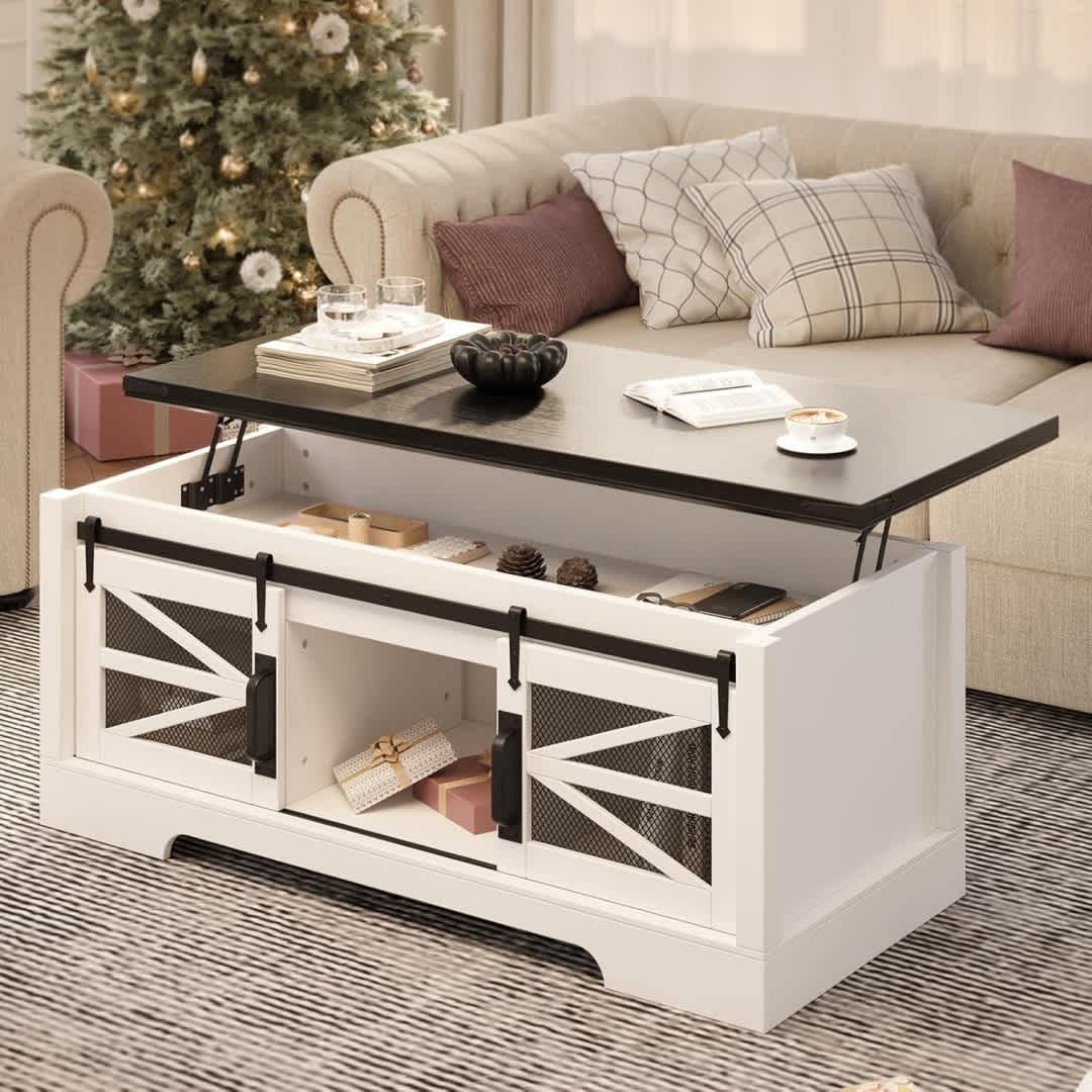 Qeetex NL-PHO-16NU8974 Black Farmhouse Lift Top Coffee Table Multifunctional Design with Sliding Barn Door Hidden Storage Adjustable Shelf and Dining Height Workspace for Living Room or Dining Area