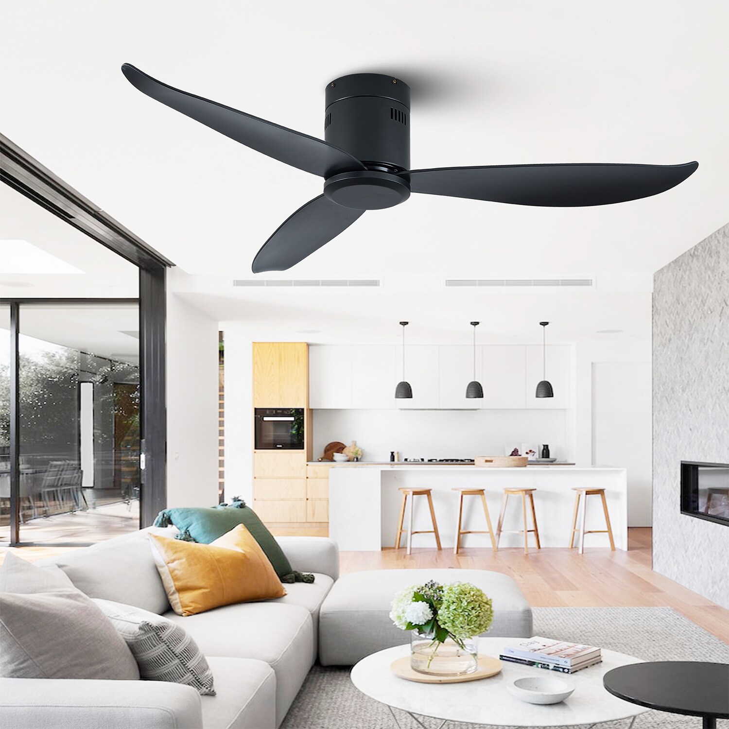 Wellfor 52 In Black Indoor Flush Mount Propeller Ceiling Fan And Remote 3 Blade In The Ceiling 3512