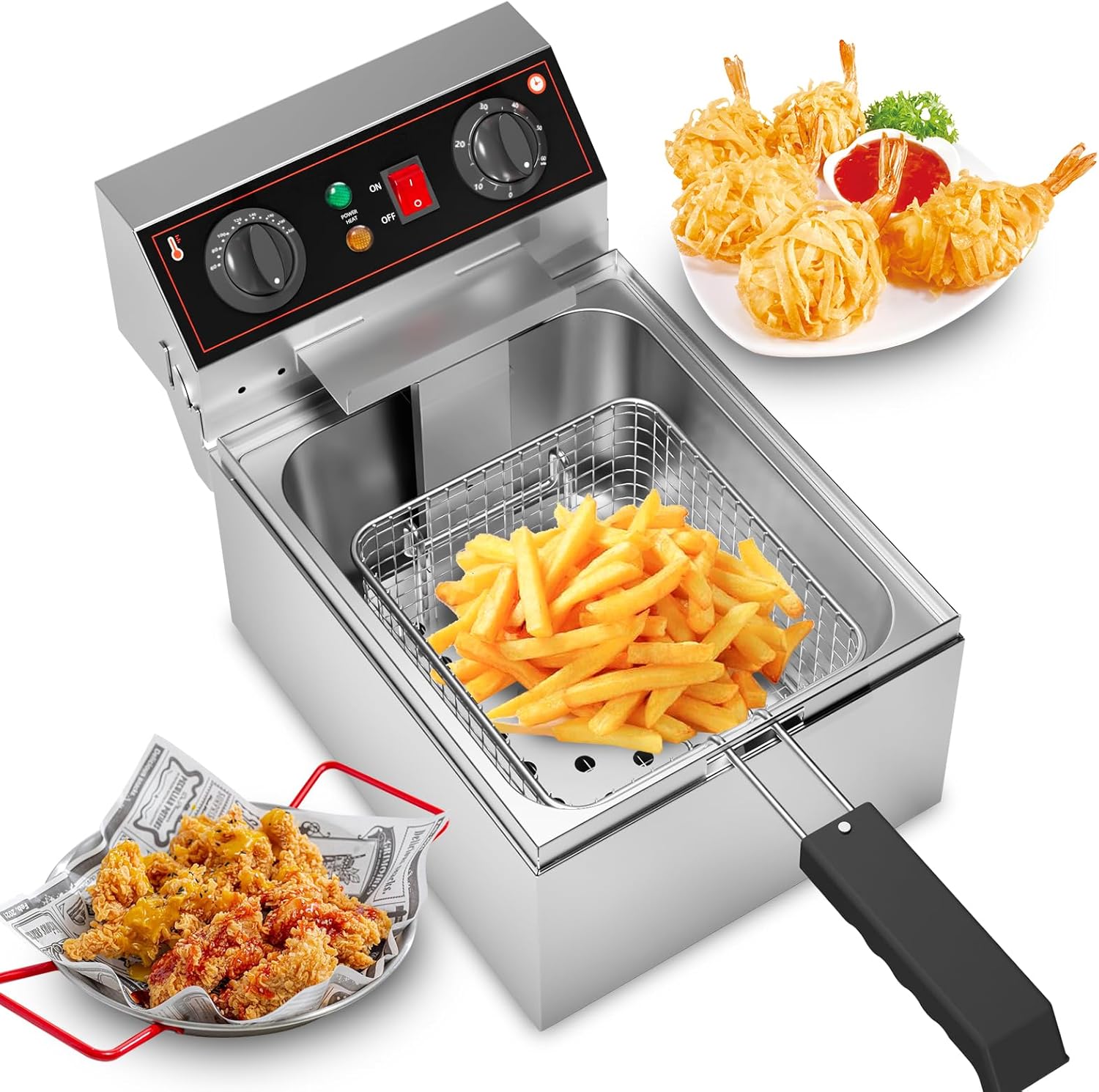 WhizMax 10.6QT/10L Electric Deep Fryer with Basket and Lid Stainless Steel Countertop Fryers 3000W Single Tank Frying Machine with Adjustable Temperature and Timer for Restaurant Kitchen #JXNAG-PHO-15OY7EEO