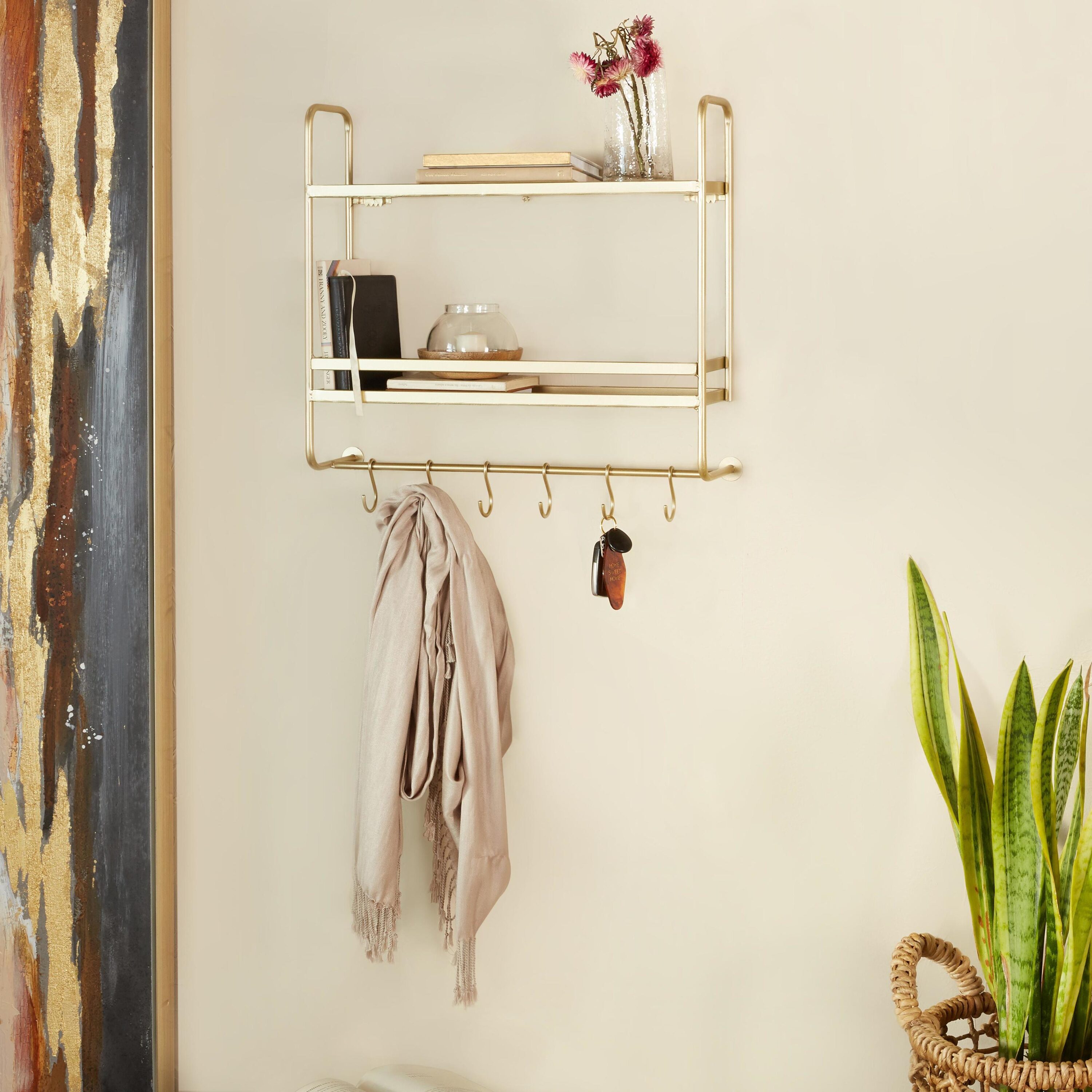 CosmoLiving by Cosmopolitan 84810 20-in L x 5-in D x 20-in H Gold 2 Shelves with Hooks Metal Rectangular Tiered shelf 2 Decorative Shelves