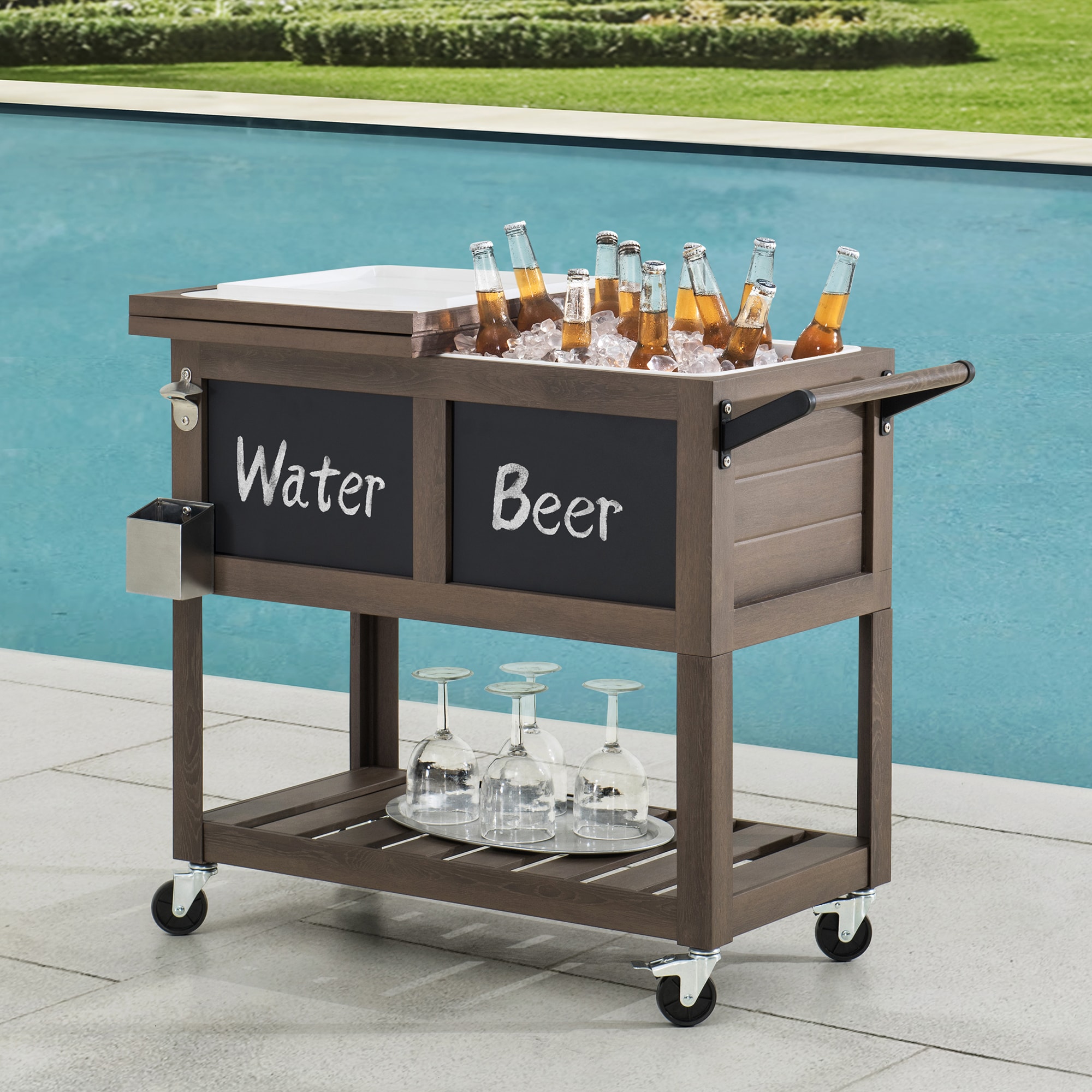 Sunjoy 80 Quart Insulated Beverage Cooler - Brown Steel with Wood Grain  Finish - Solid Marble Countertop - Built-in Bottle Rack - Energy Star in  the Beverage Coolers department at