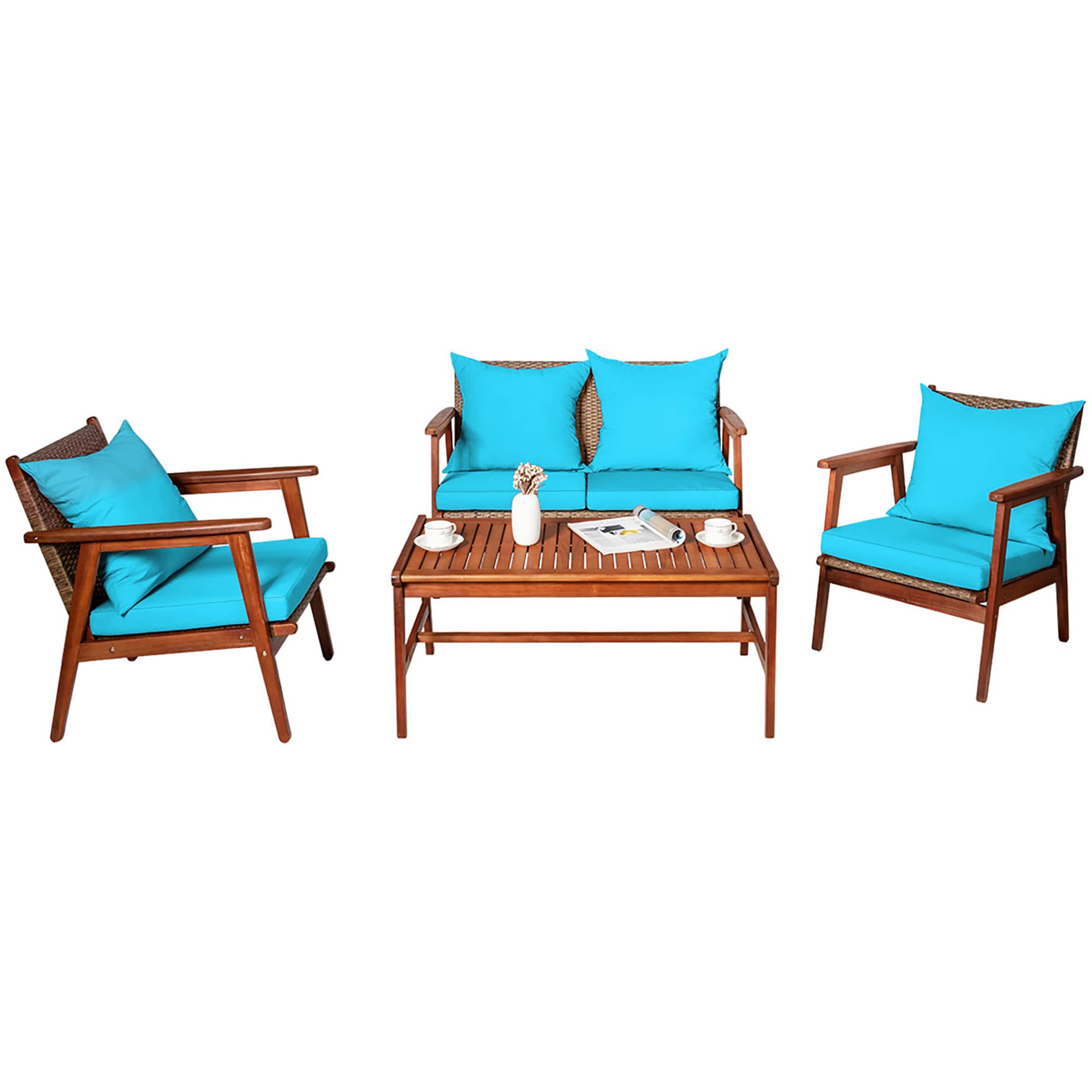 Costway HW68969TU+ 4 -Piece Patio Conversation Set with Blue Cushions